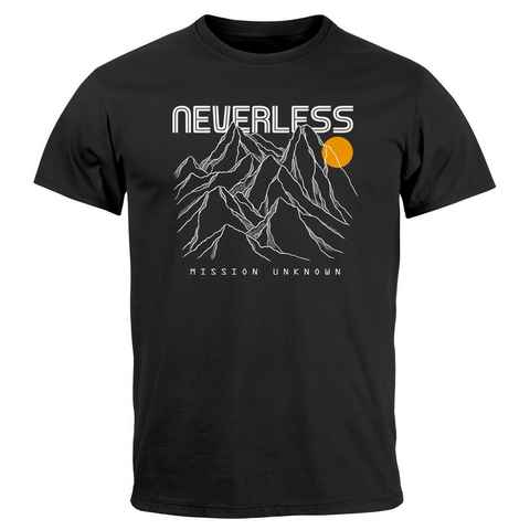 Neverless Print-Shirt Herren T-Shirt Frontprint Gebirge Line-Art Printshirt Wandern Outdoor mit Print