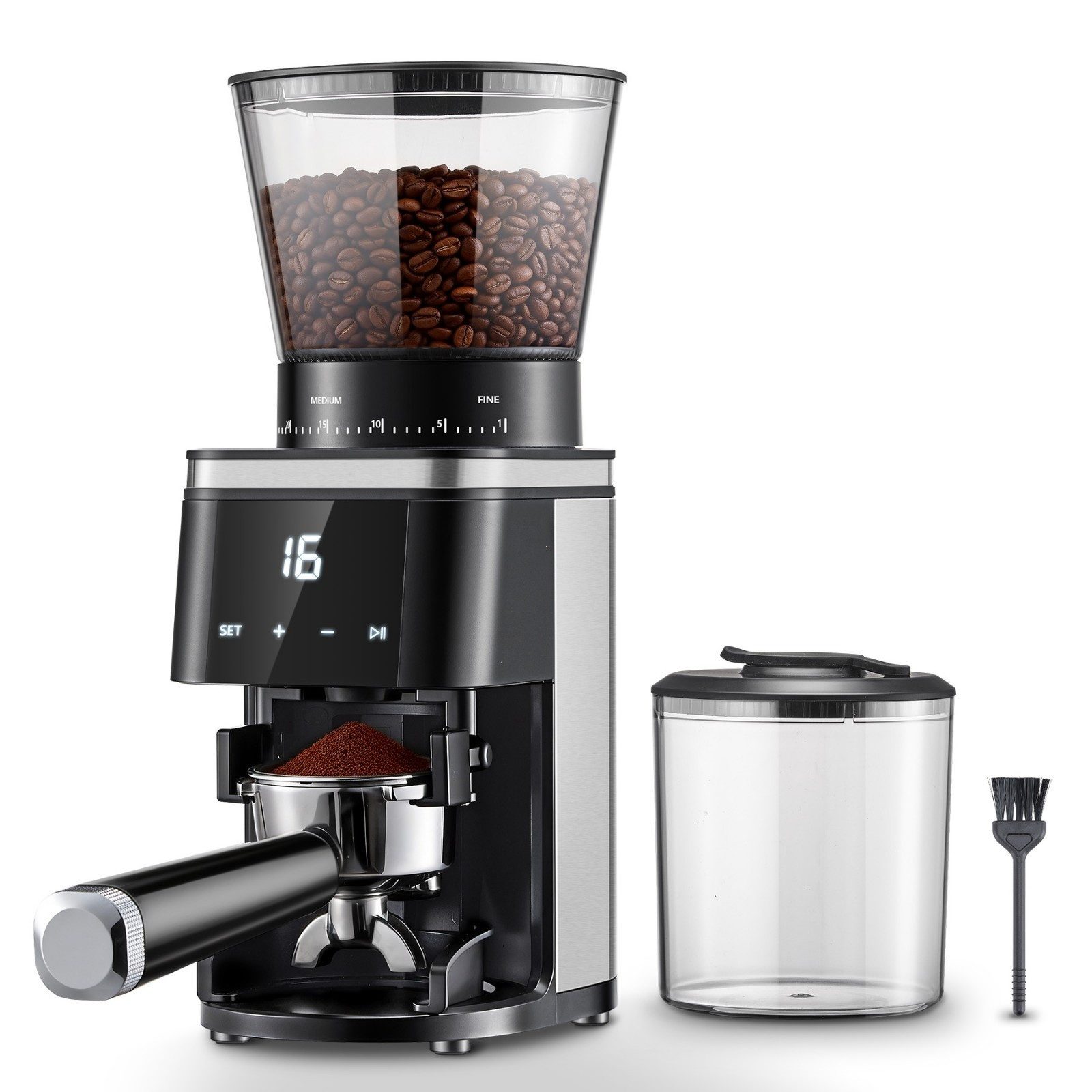 SNDOAS Kaffeemühle elektrisch mit 30 Mahlgradeinstellungen, 300g Behälter, Touchdisplay, 160 W, Kegelmahlwerk, 300 g Bohnenbehälter, 40mm Konusmahlwerk, Siebträgerhalterung & leicht zu reinigen