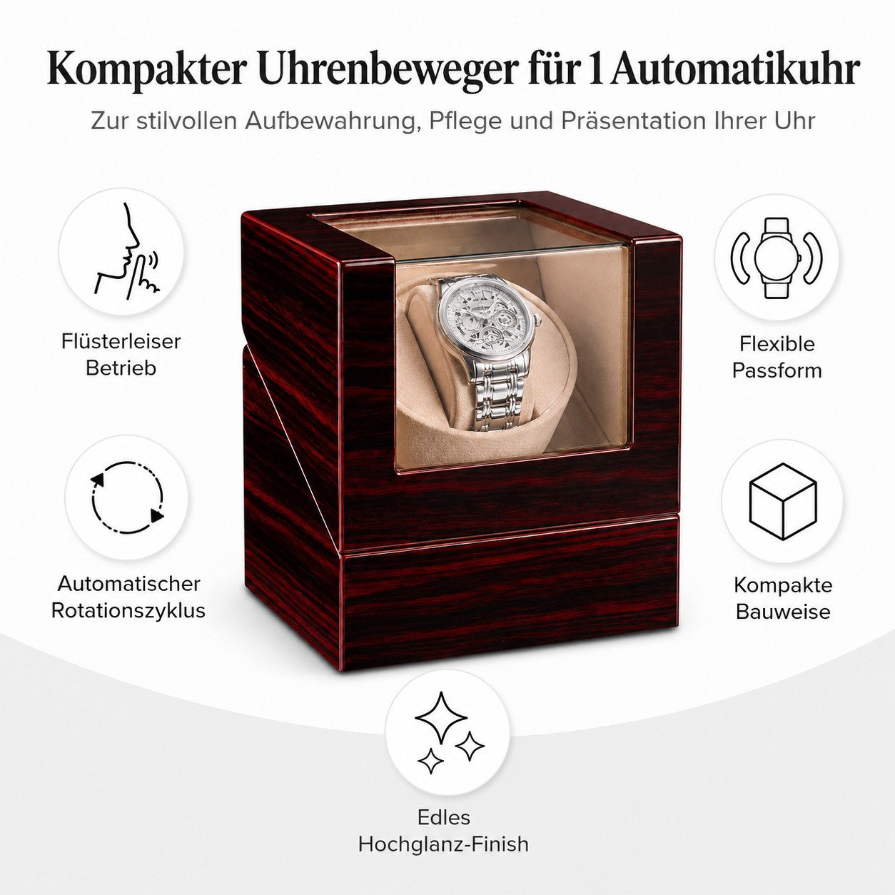 Tekoo Uhrenbeweger Automatischer Uhrenbeweger für 1 Uhr Holzoptik Leise & USB Kompakt, (Packung), Antimagnetische Bauweise, Hochglanz-Holzoptik