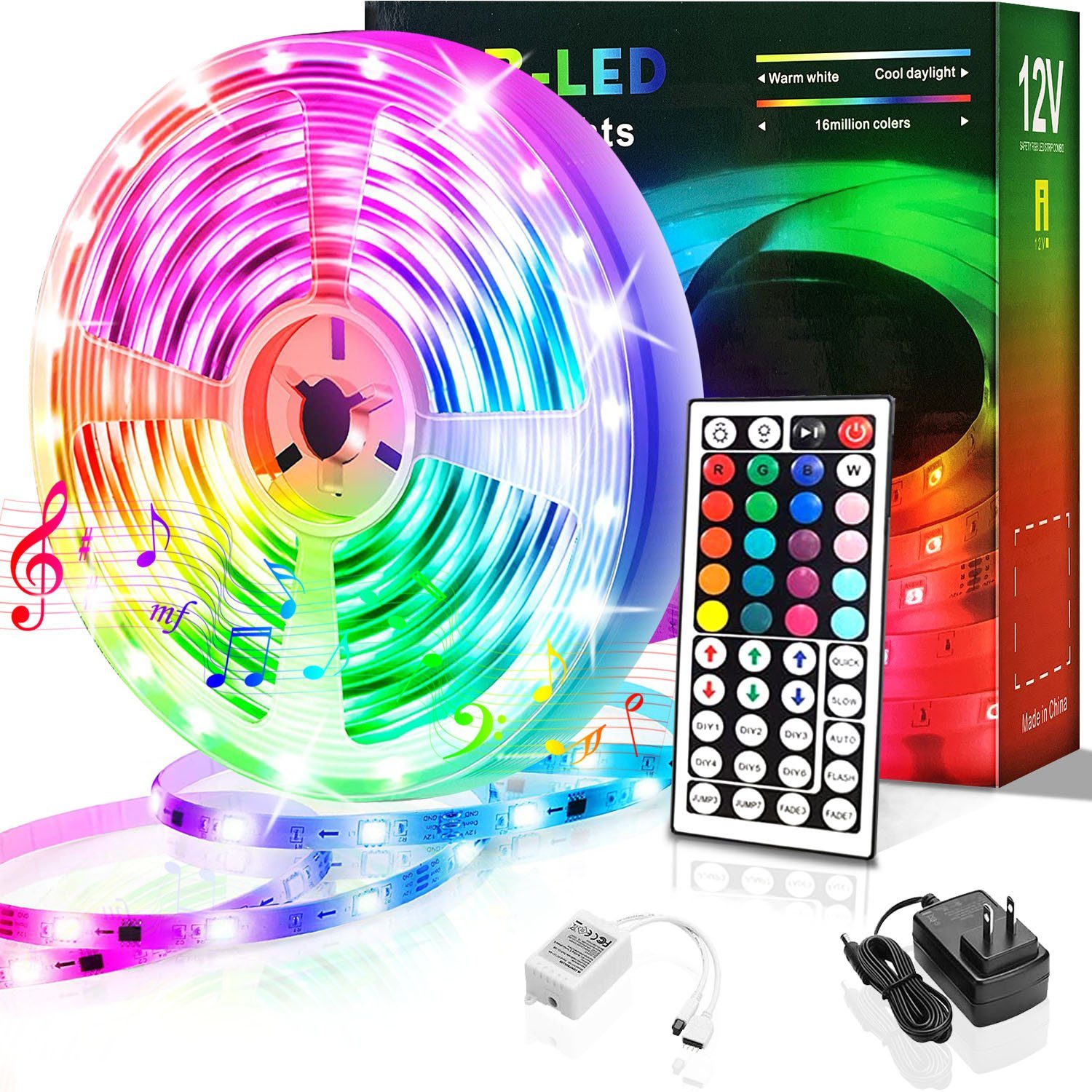 KINSI LED Strip, Lichterketten, 10M, LED- Lichtstreifen, LED 18 Stripe Streifen, 5M, 20M, 15M, RGB Gesamtlänge Lichter/M, Infrarot-Fernbedienung, Bareboard