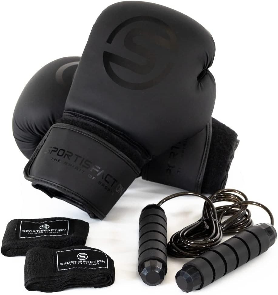 Sportisfaction Boxhandschuhe Boxhandschuhe 8oz Set inkl. Bandagen & Springseil Schwarz PU-Leder, Ideal für Kinder & Jugendliche 46-60kg Handgelenkschutz Training