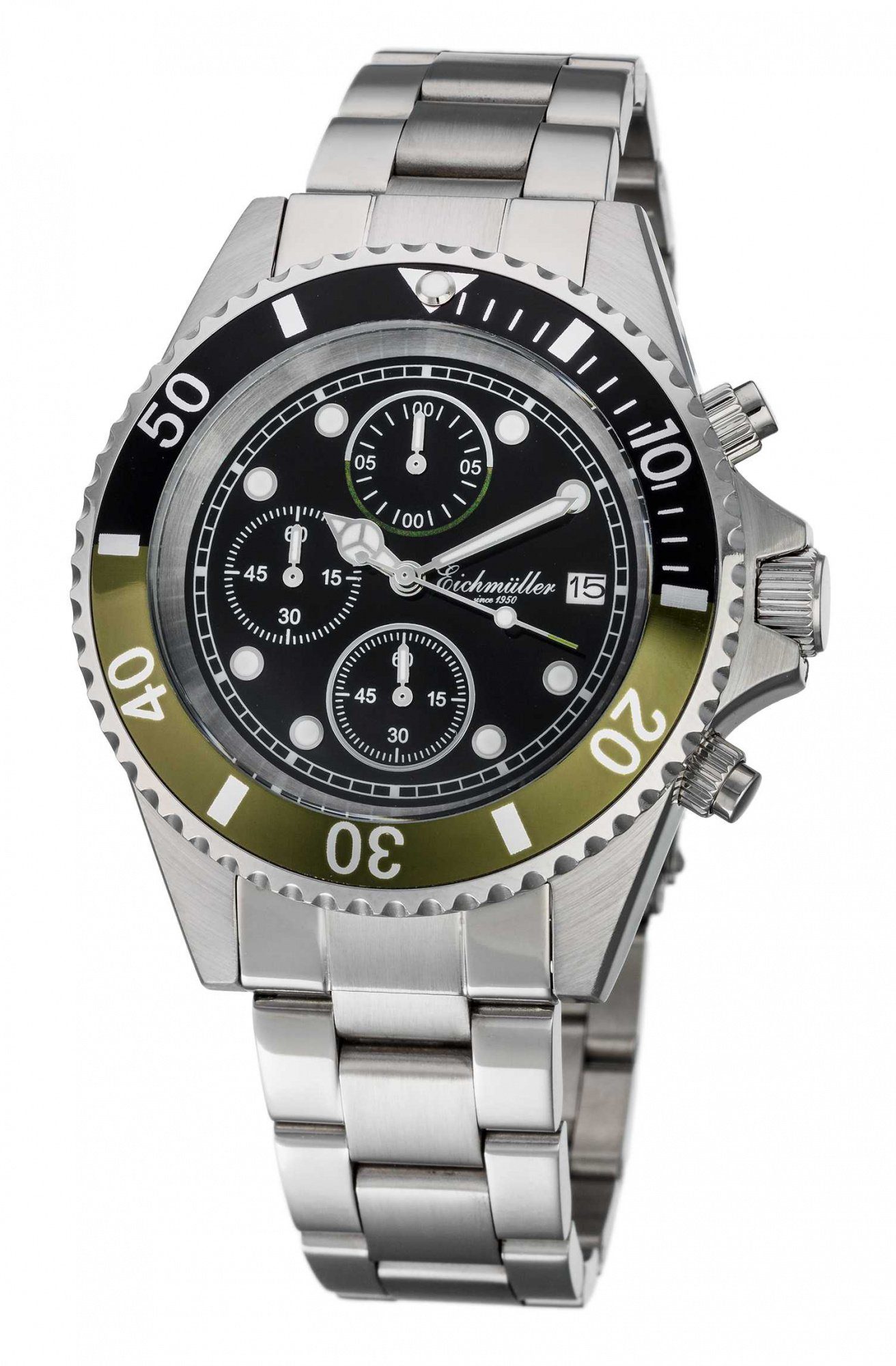 Chronograph Taucheruhr, Edelstahlband, Schwarz-Grün, 3466-02