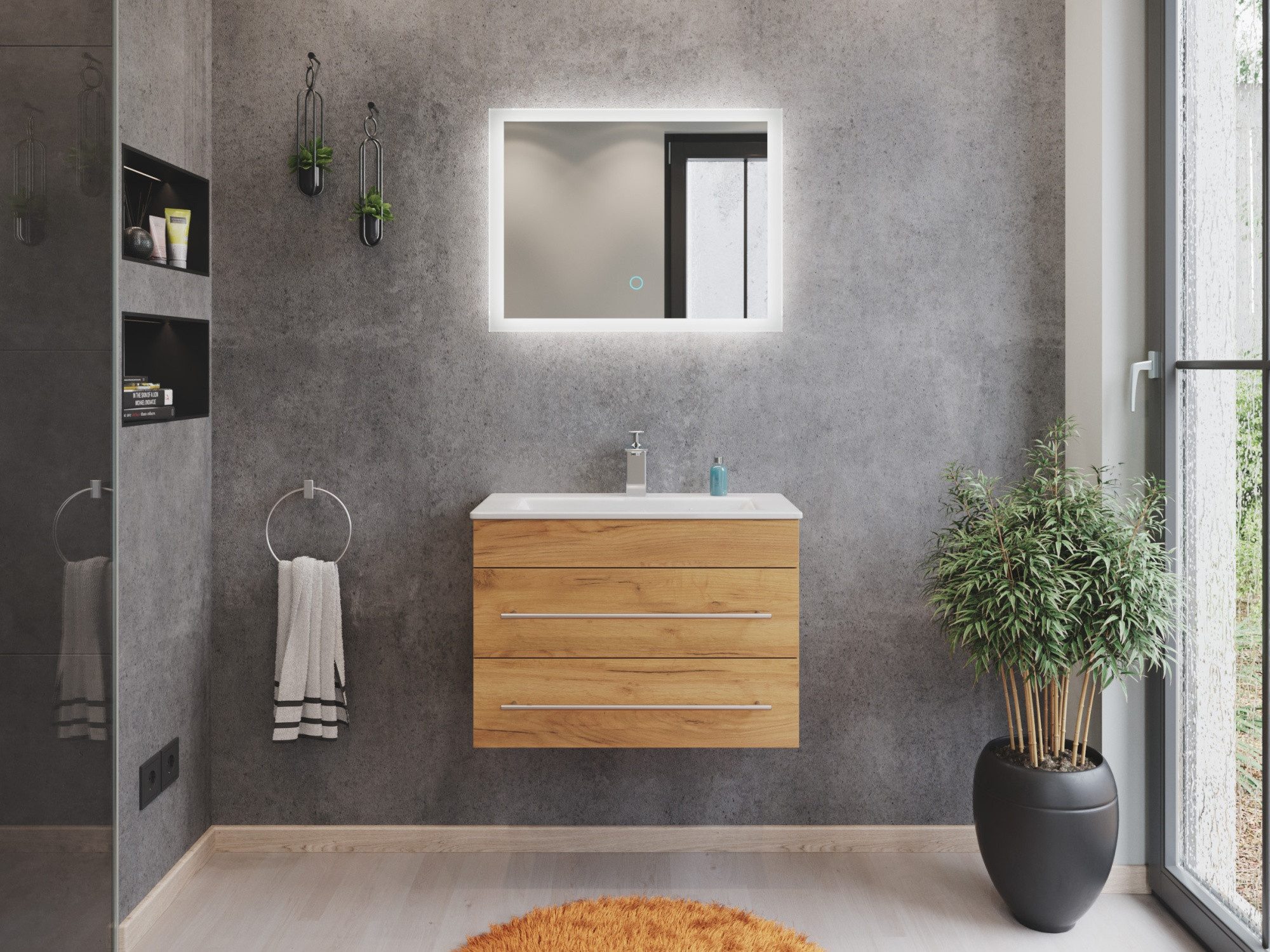 Magnolia Home Badmöbel-Set Badmöbel Mars 700 2-teilig mit LED Spiegel SlimLine eiche gold