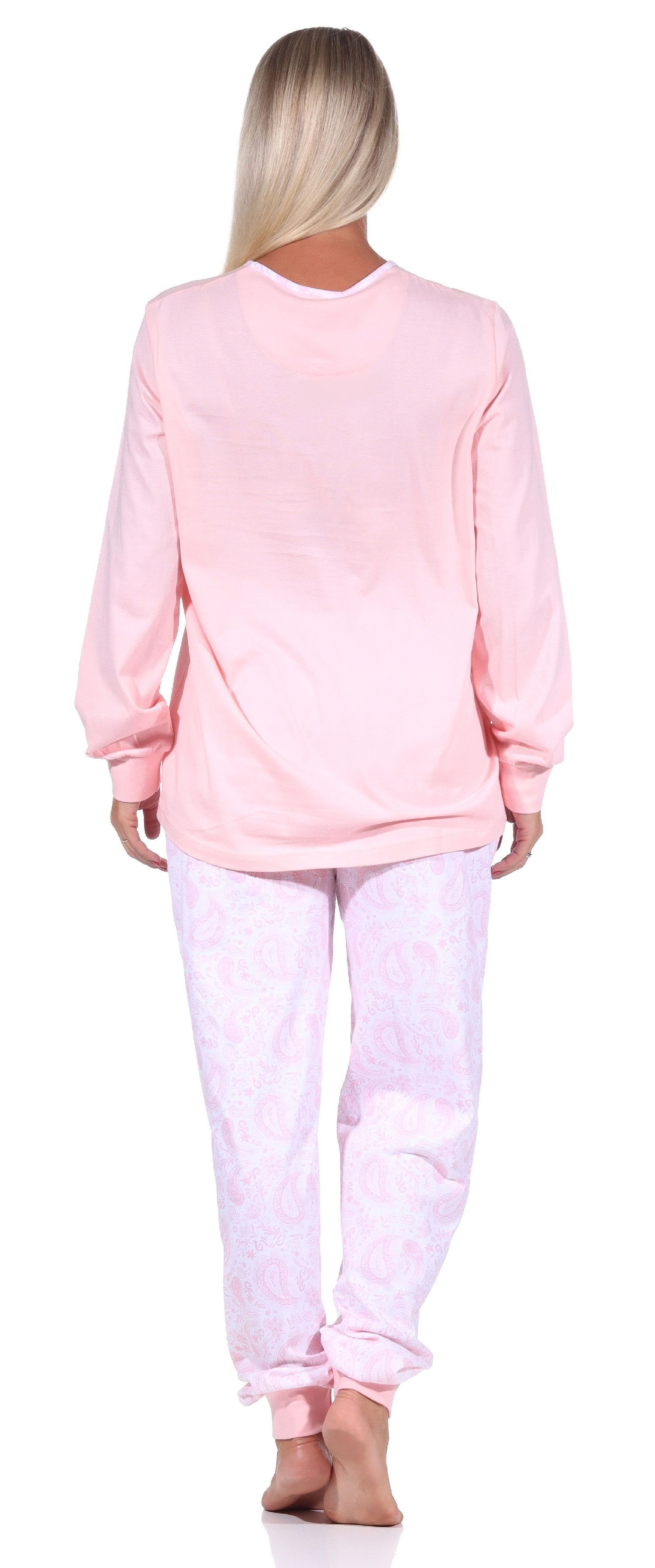 Normann Pyjama Damen Paysley Hose Knopfleiste und mit Schlafanzug gemusterter rosa
