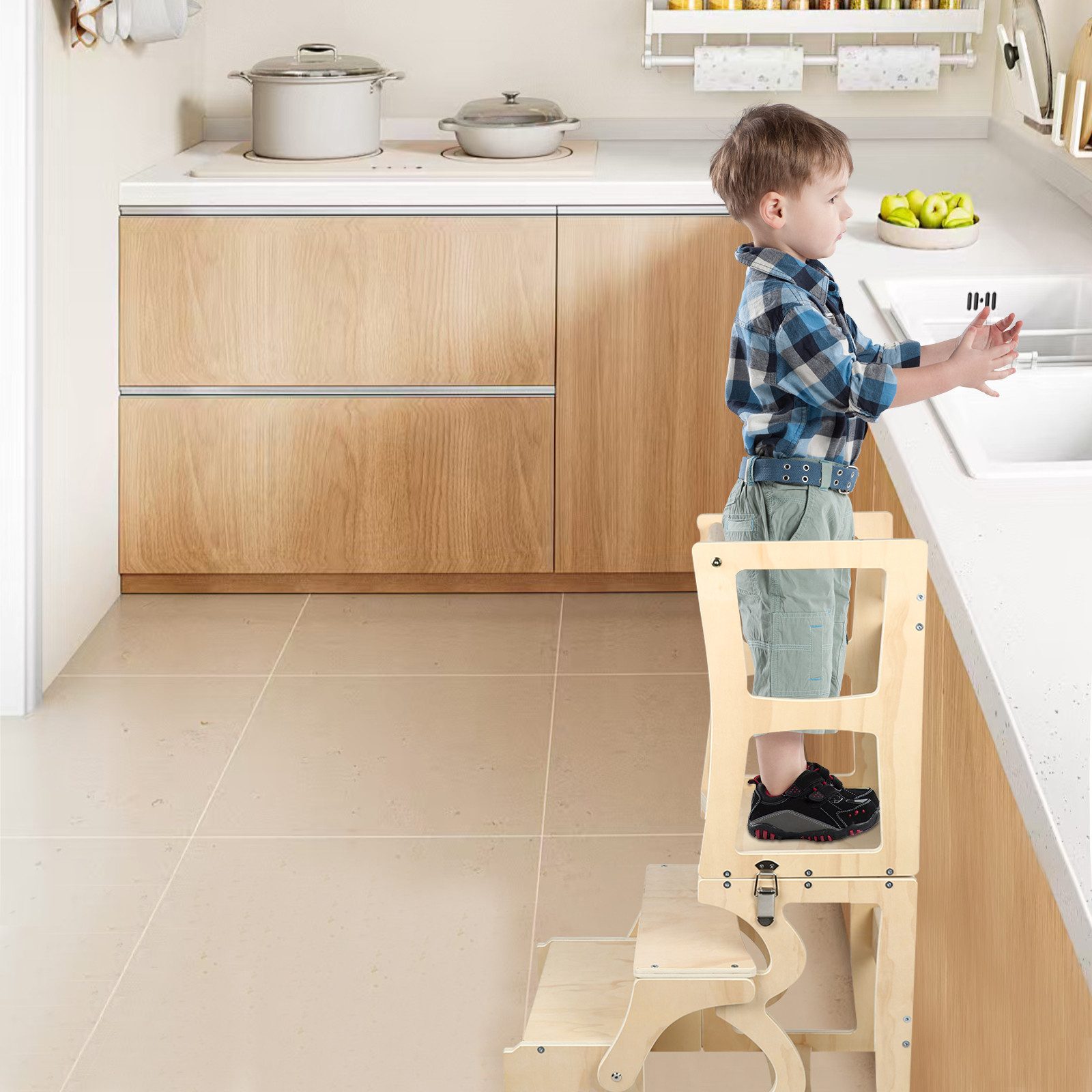 JEOBEST Stehhilfe 3 in 1 Learning Tower für Kinder Küchenhelferturm, Klappbare Tritthocker mit Tafel, Kinderstuhl aus Holz – Bild 4 von 5