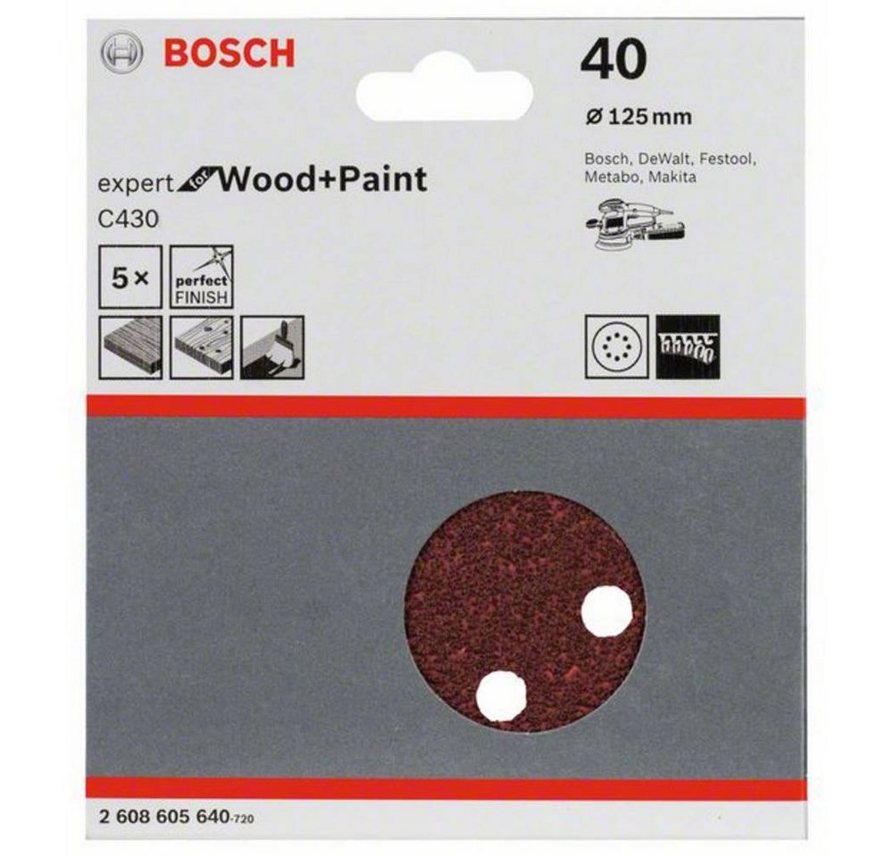 Thumbnail - BOSCH Schleifpapier Schleifblatt C430, 125 mm, 40, 8 Löcher, Klett, mit Klett, gelocht