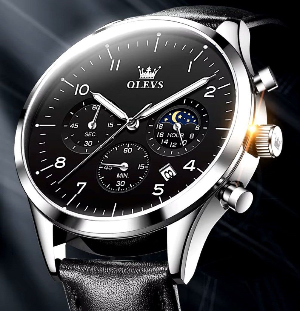 OLEVS Quarzuhr Herren Olevs Chronograph Uhr mit Tag & Nacht Anzeige, Lederarmband