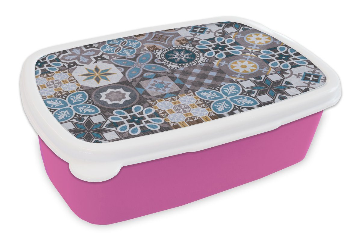 MuchoWow Lunchbox Blumen - Muster - Blau - Braun, Kunststoff, (2-tlg), Brotbox für Erwachsene, Brotdose Kinder, Snackbox, Mädchen, Kunststoff rosa