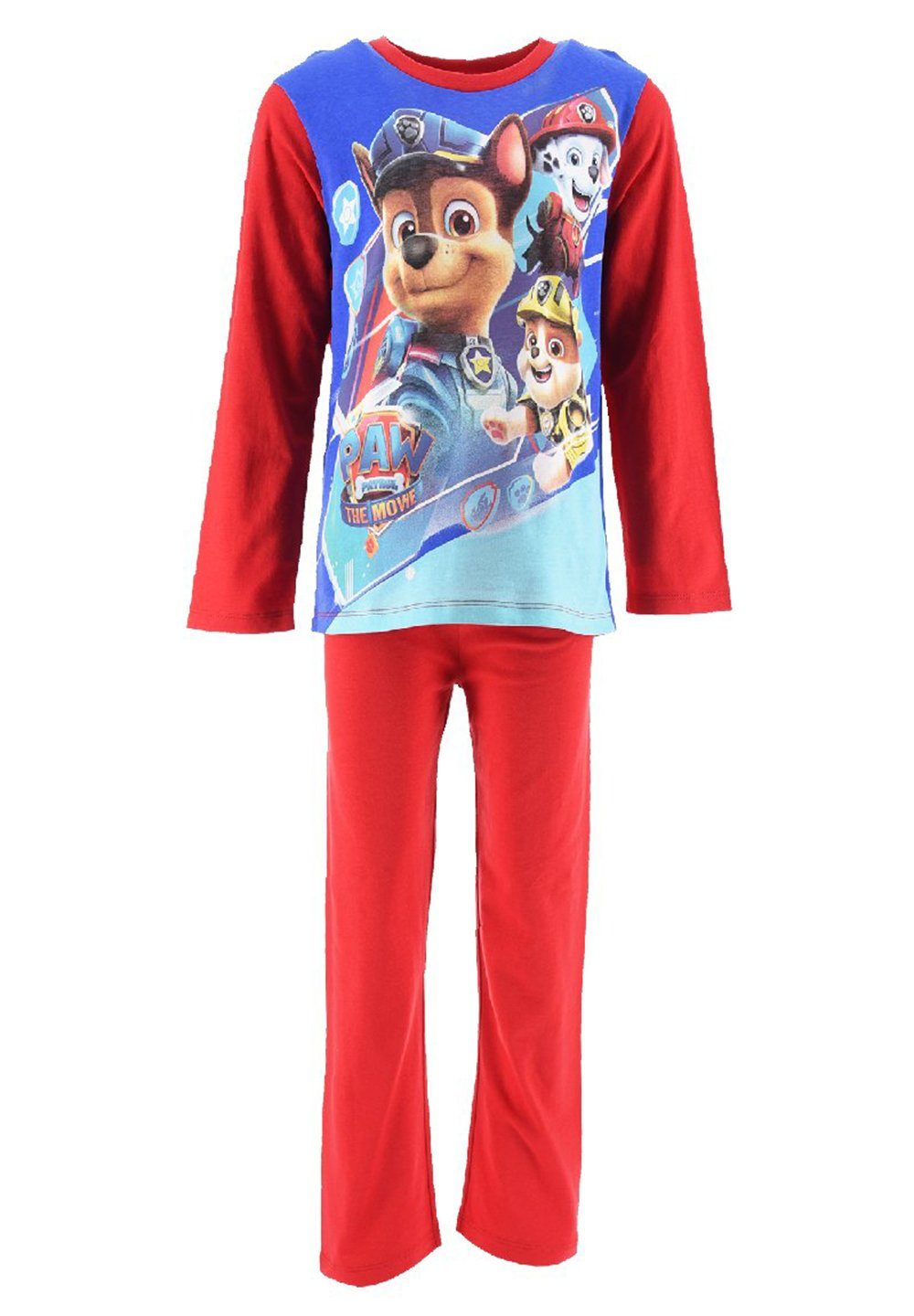 PAW PATROL Schlafanzug Kinder Jungen Pyjama Langarmshirt Langarm T-Shirt + Schlafhose Chase Marshall Rubbles Rot