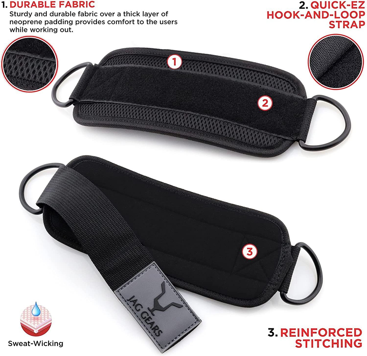 JAG GEARS Fußtrainer Knöchelriemen mit Kabelbefestigung, 6 mm, Neopren, gepolstert (pair, 2-St., 2x), Beinstrecken, Curls, Booty Hip Abductors-Übung für Männer und Frauen