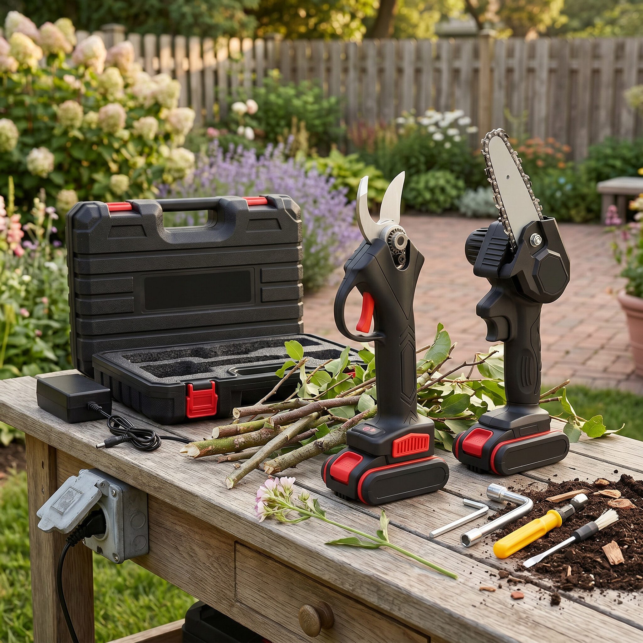 GARRYFIZH Akku-Astschere Professionelle Elektrische Gartenschere, 21V 25mm Akku-Gartenschere mit 4-Zoll-Kettensägen-Set