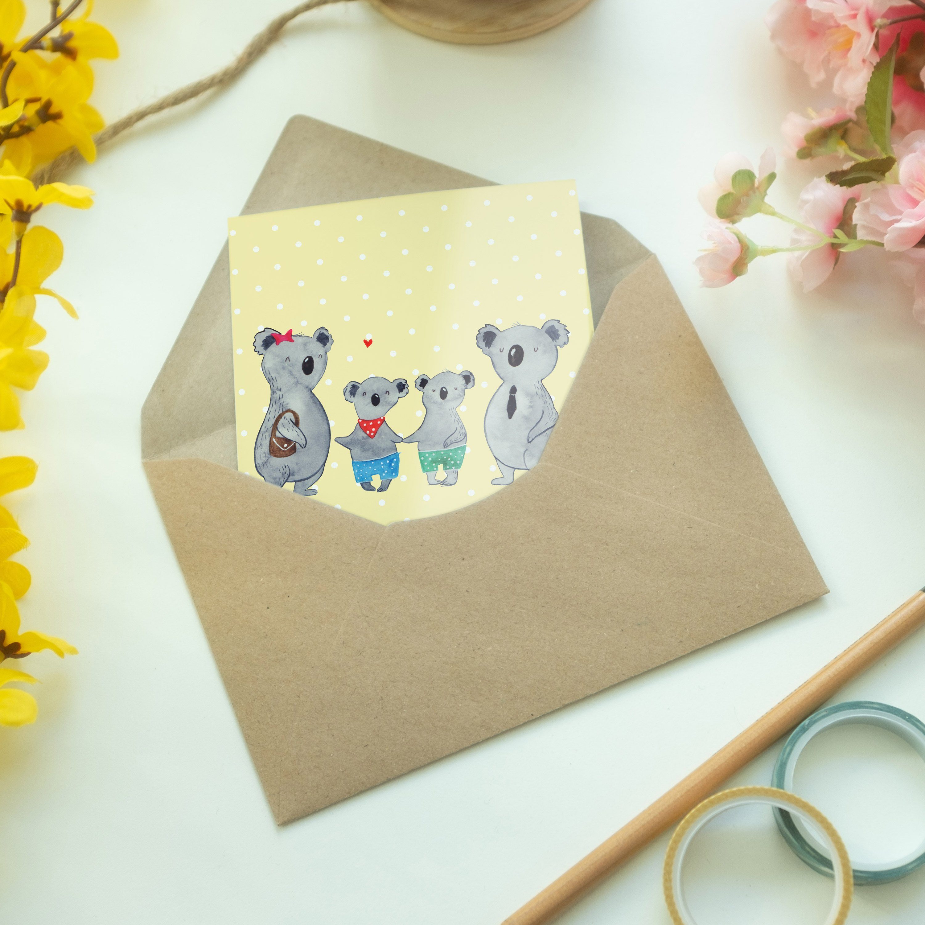 - Geschenk, zwei Mr. Panda Gelb Mrs. Koalabä & Koala - Familie Hochzeitskarte, Grußkarte Pastell