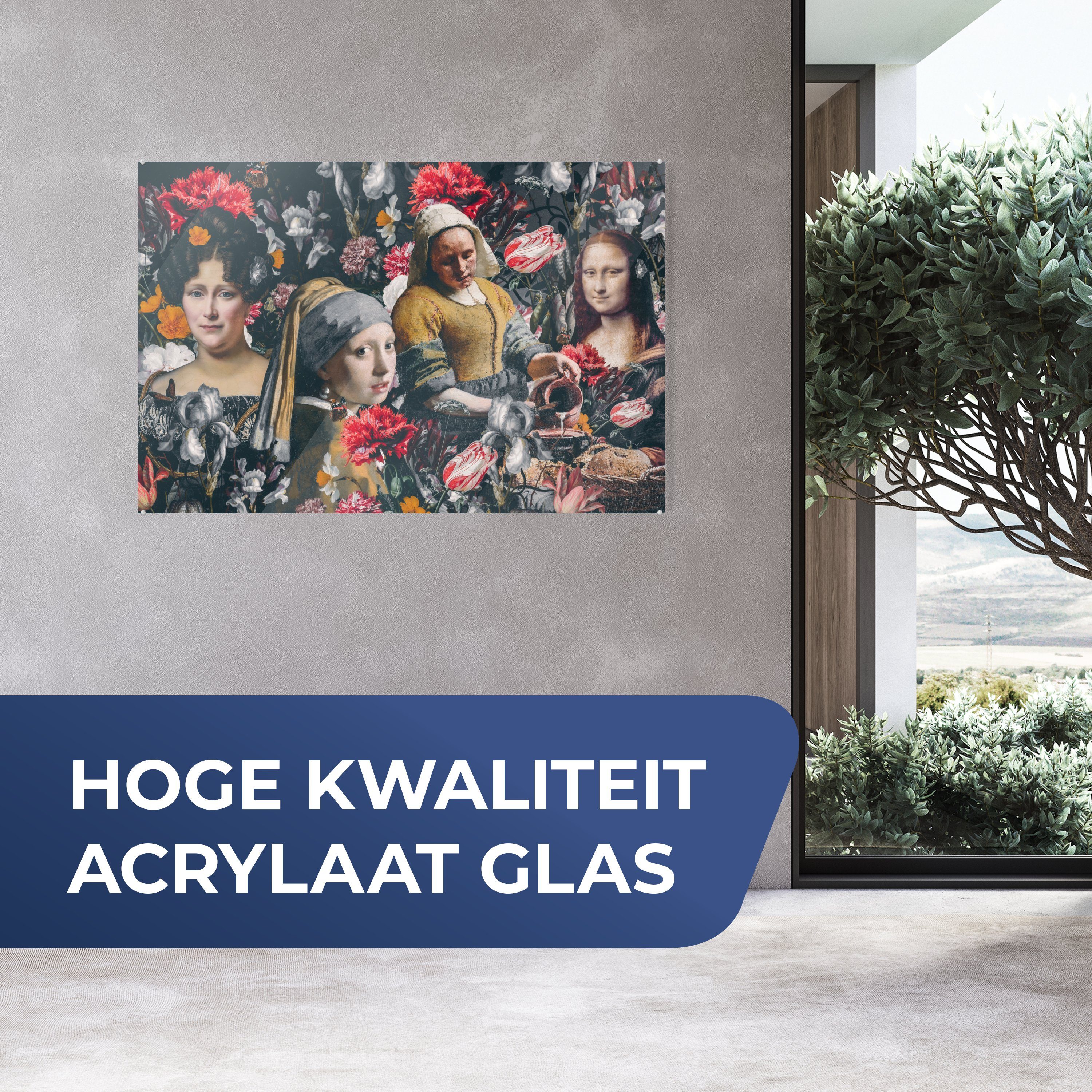 bunt Alte - Meister Blumen, MuchoWow Collage Malerei St), - & (1 Acrylglasbilder Schlafzimmer Acrylglasbild Wohnzimmer -