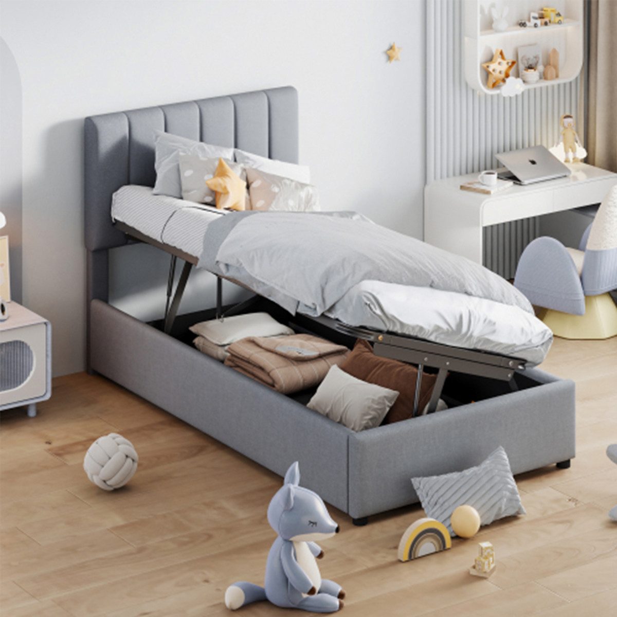 BlingBin Einzelbett Kinderbett Polsterbett Stauraumbett (1-tlg., hautfreundliches Leinen-Hochkastenbett), 90x200 cm,Höhenverstellbares Kopfteil