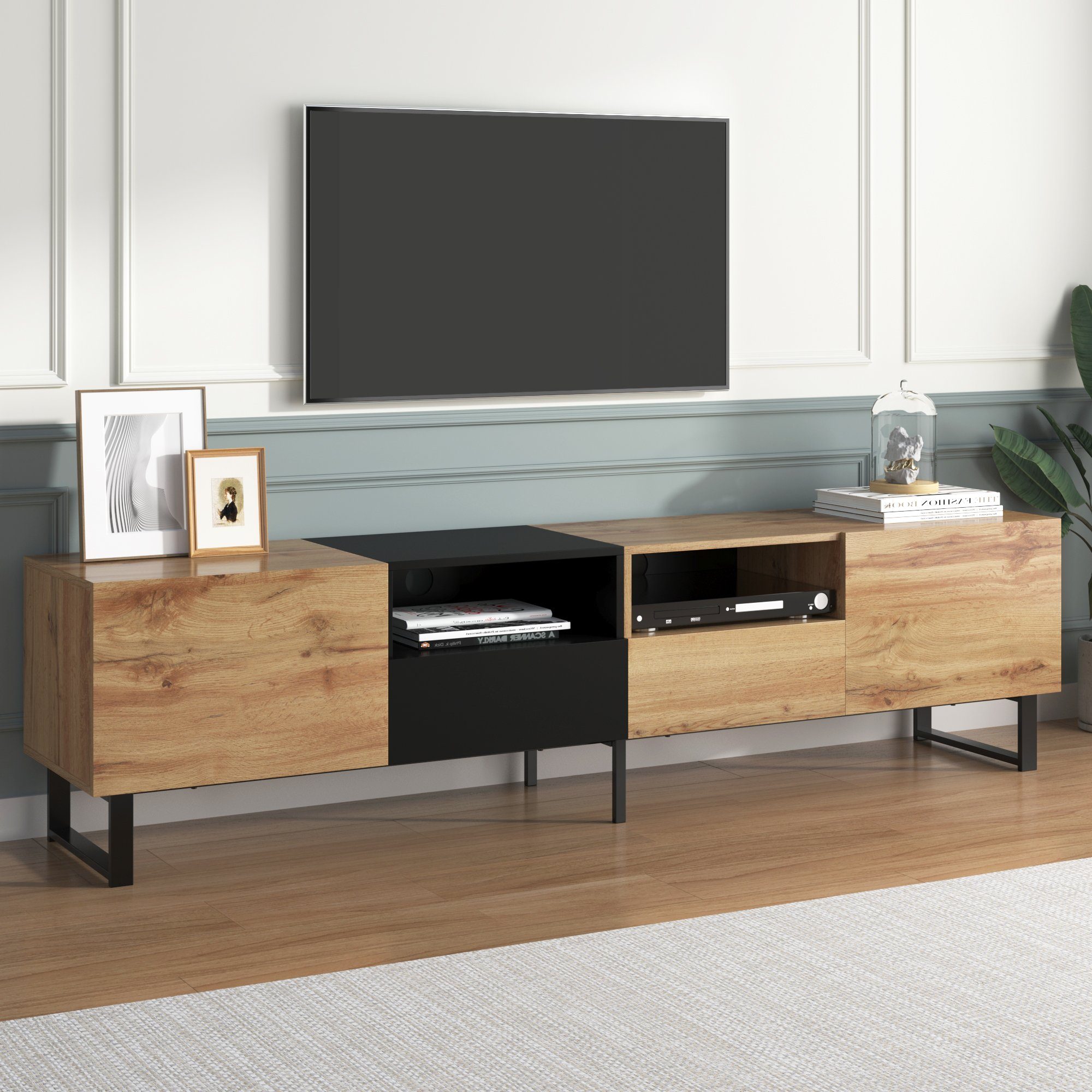 cm mit cm holzfarbenem 190 x (geräumiger robuste TV-Ständer 38 Design, TV-Schrank Stauraum, schwarzem und 48 Konstruktion) x REDOM cm