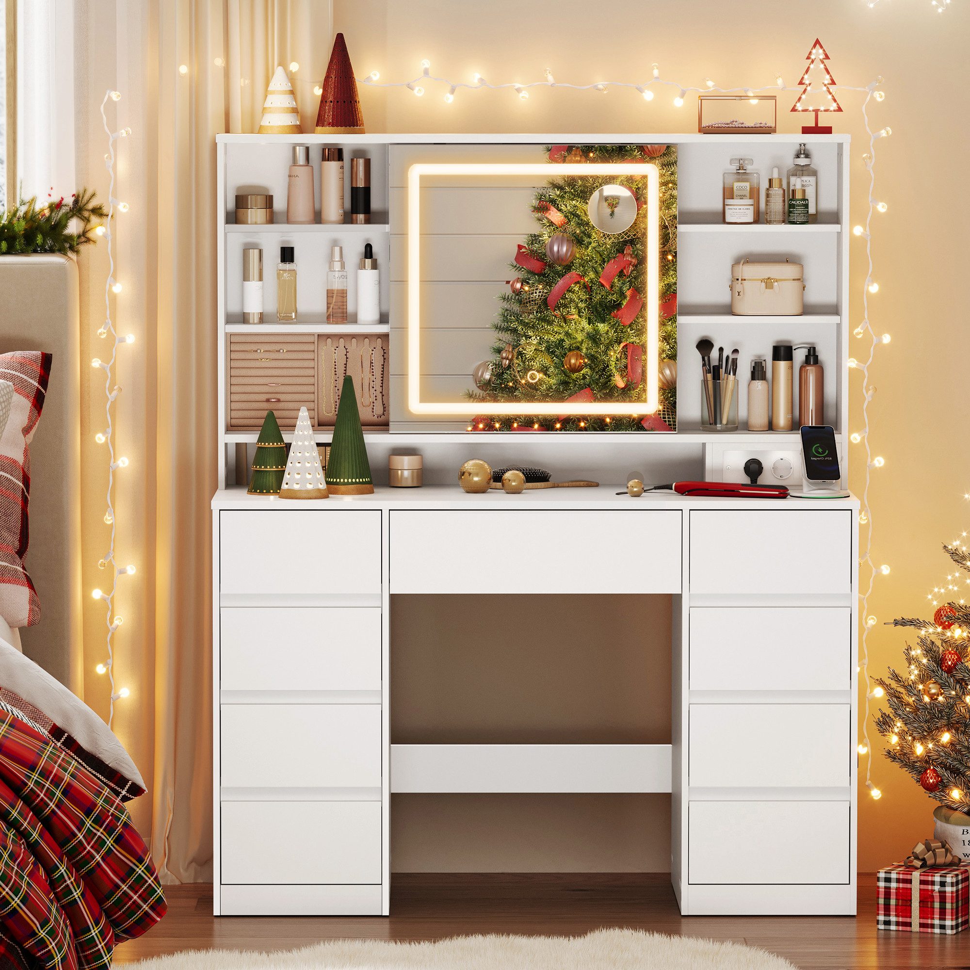 VASAGLE Schminktisch mit Spiegel und LED-Leuchten, Steckdosenleiste, 9 Schu günstig online kaufen