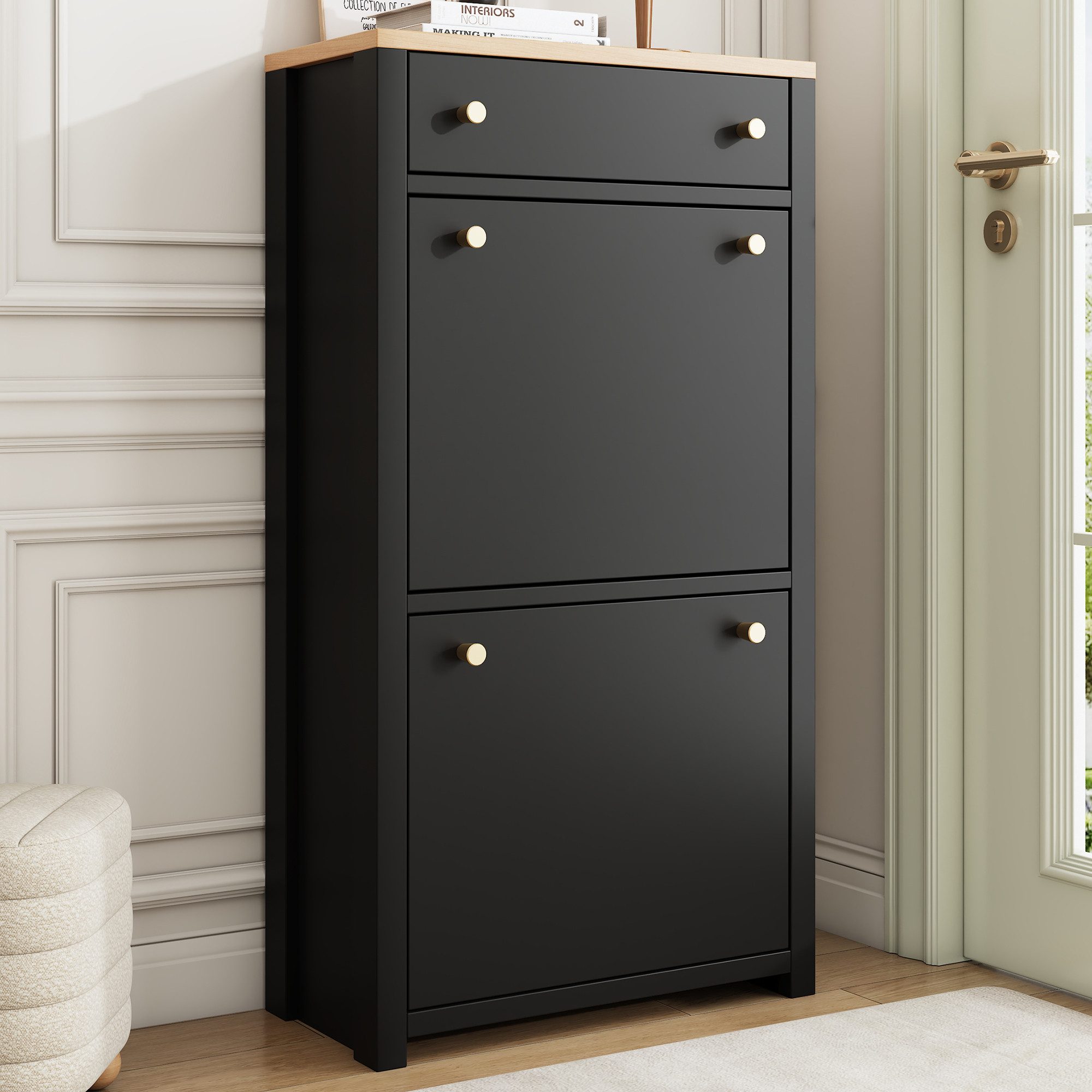 Flieks Schuhschrank mit Schublade, 2 Klappen, verstellbaren Einlegeböden und Metallgriffen (50×24×95 cm, 1-St) Schuhkipper Schuhkommode mit Arbeitsplatte in Holzoptik Schwarz