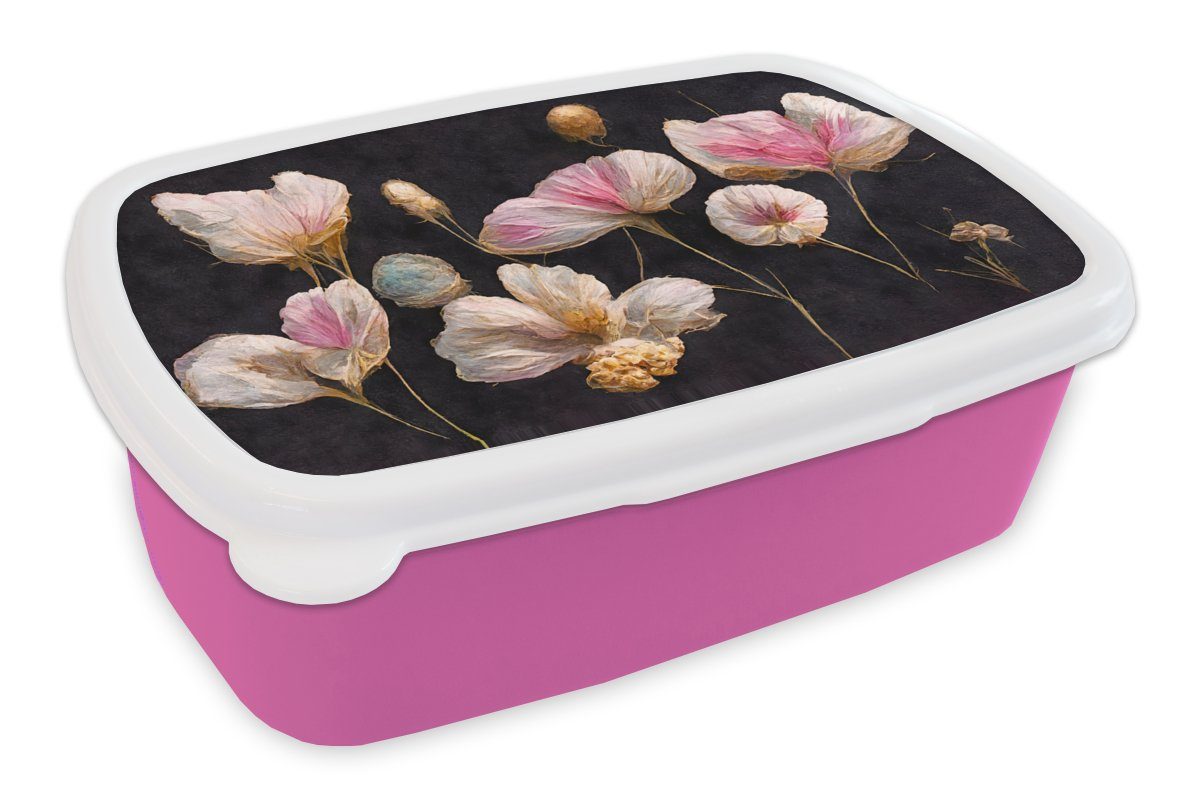 MuchoWow Lunchbox Blumen - Pflanzen - Rosa - Schwarz, Kunststoff, (2-tlg), Brotbox für Erwachsene, Brotdose Kinder, Snackbox, Mädchen, Kunststoff
