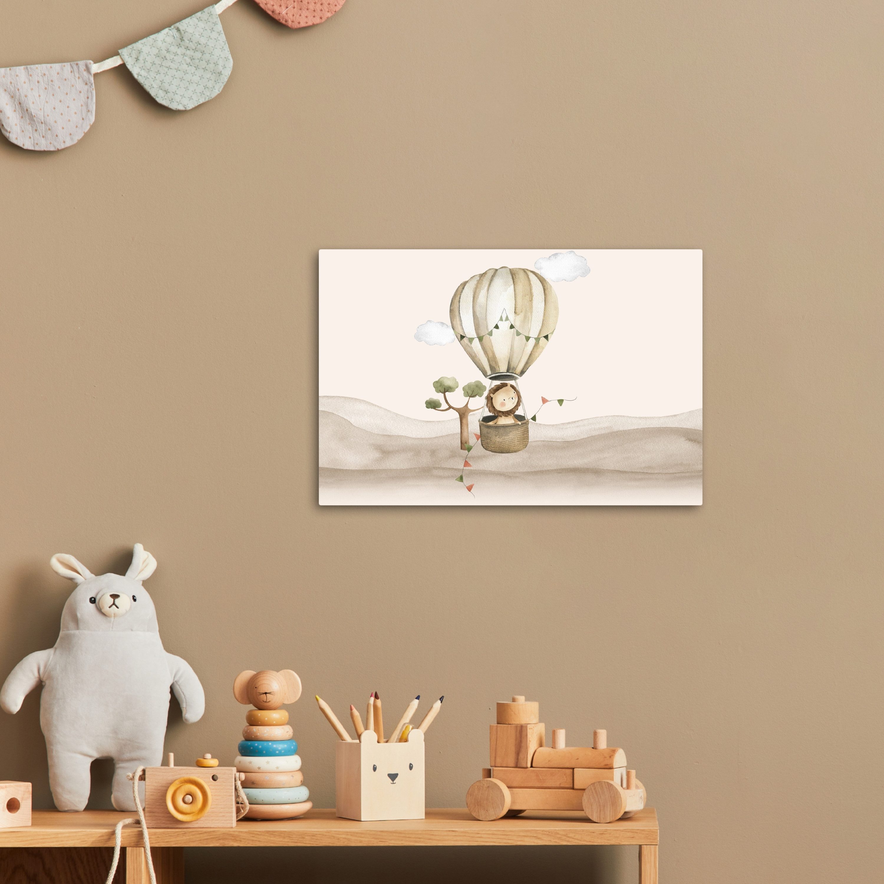 OneMillionCanvasses® Leinwandbild Heißluftballon - Löwe - Aquarell - Safari - Tiere, Fotodruck (1 St), Kinder zimmer Deko, Mädchen und Jungen Bilder 30x20 cm – Bild 2 von 5