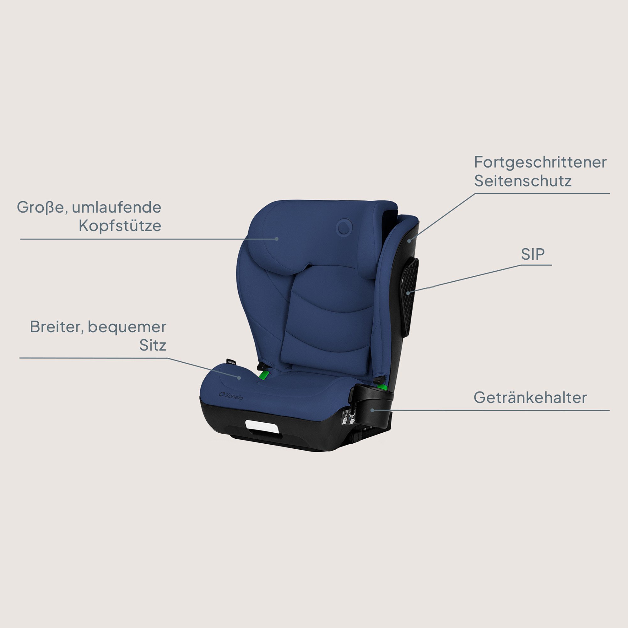 lionelo Autokindersitz NEAL I-SIZE, ab: ca. 3,5 Jahre (entsprechend einer Körpergröße ab 100 cm)., bis: ca. 12 Jahre (entsprechend einer Körpergröße bis 150 cm)., ab: 100 cm, bis: 150 cm, (Set mit Getränkehalter und Isofix-Adapter), Isofix&Gurt/Waschbarer Bezug/Getränkehalter/Seitenschutz