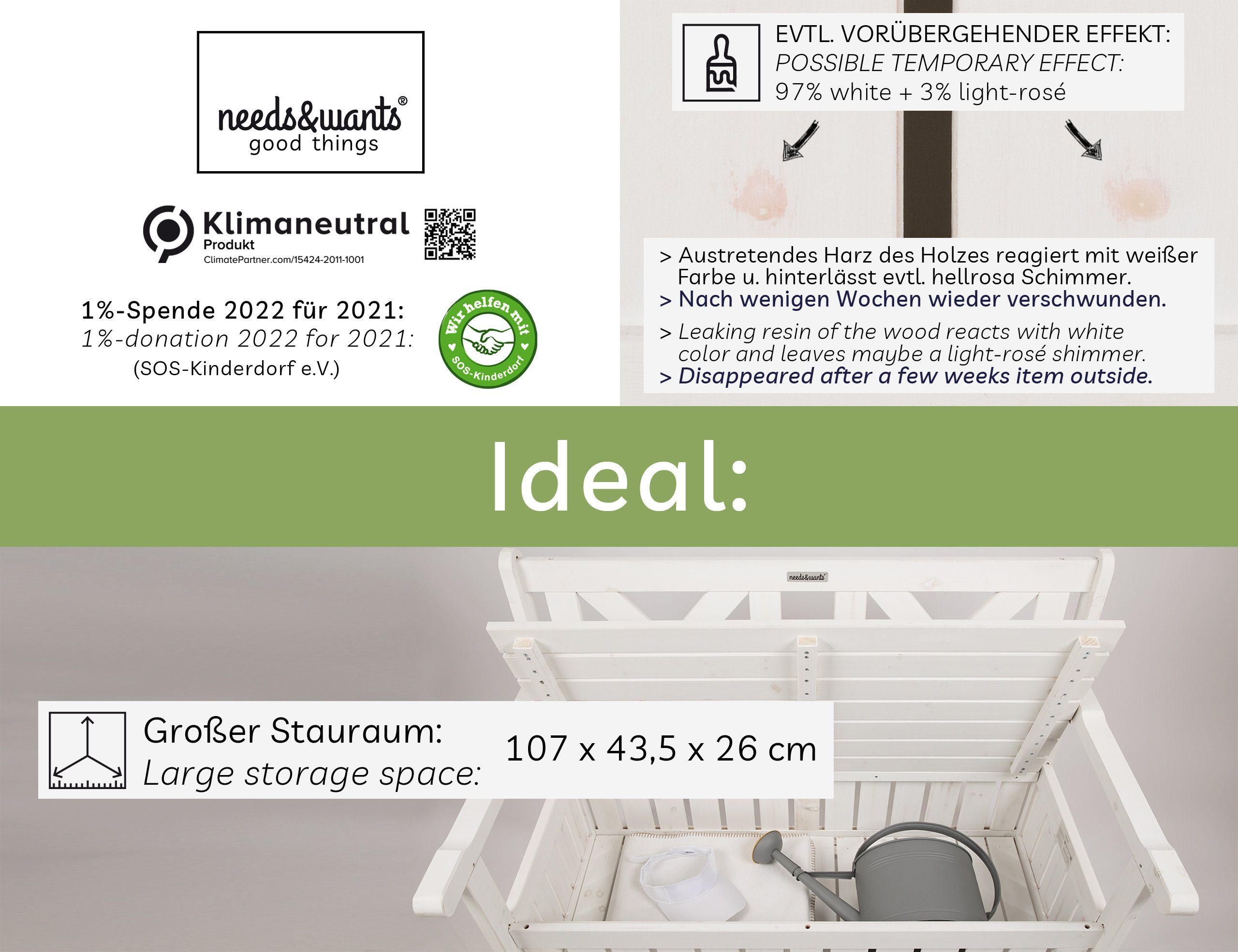 needs&wants® Gartenbank Holz wetterfest mit Stauraum, Truhe Sitzbank Holzbank weiß Truhenbank