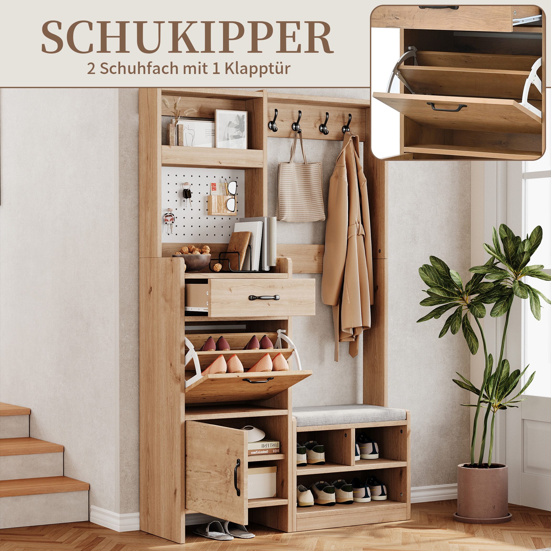 SeedWave Kompaktgarderobe Garderobenset mit 4 Doppelhakken & Schuhkipper, Sitzbank mit Kissen Weiße Stecktafel, 1 Schublade, offene- und geschlossene Fächer
