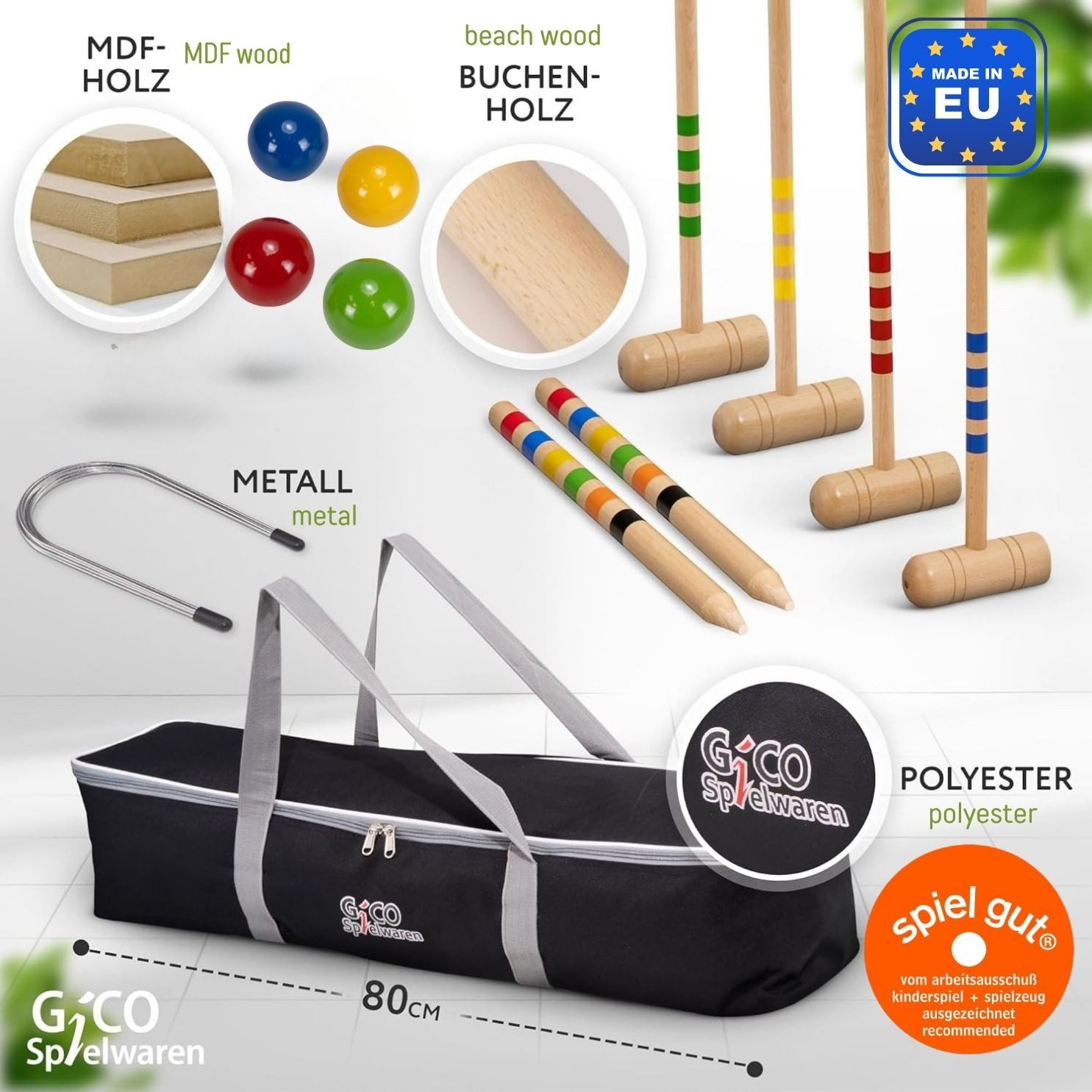 GICO Spielzeug-Gartenset GICO Krocket Set 4 Spieler (80 cm) -spiel gut (Auszeichnung)- 3224, Holz Krocketspiel für den Garten