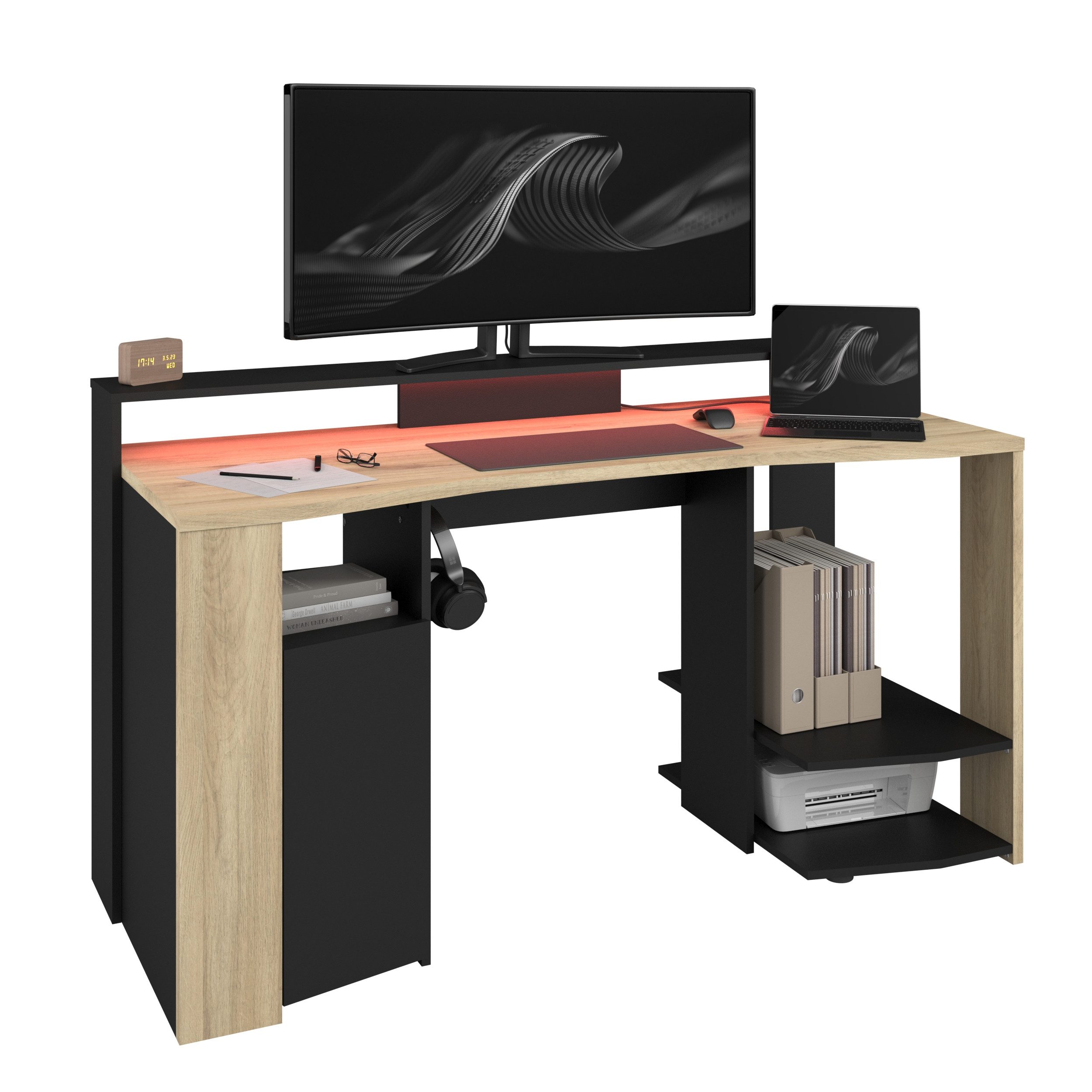 Parisot Jugendzimmer-Set Gaming-Möbel Meta Jugendmöbel, (Komplett-Set, 2-tlg., in verschiedenen Varianten wählbar), inkl. LED Beleuchtung, Schwarz und Holzton Chene Kronberg