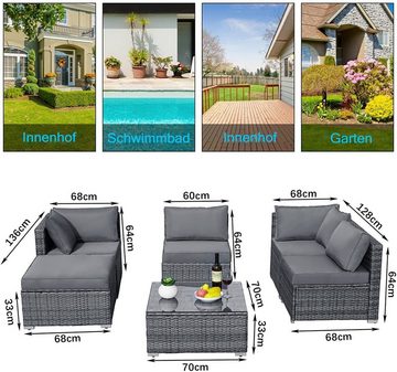 MVPower Gartenlounge-Set Gartenmöbelset Rattan, (Set, 6-tlg), Outdoor Patio Sofa Set, mit Glas Couchtisch, Sitzkissen, Rückenkissen und Kissen