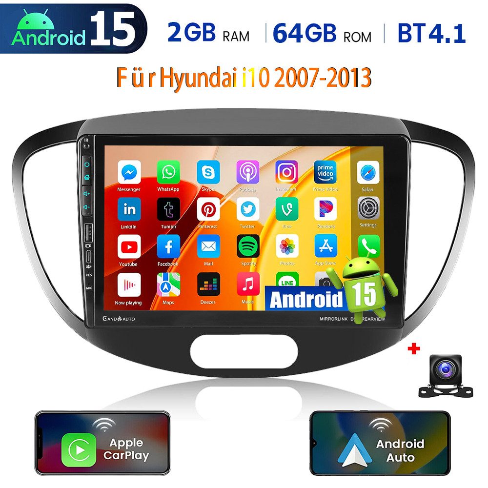 ESSGOO Autoradio Android 15 Für Hyundai i10 2007-2013 Carplay mit USB Type-C Autoradio (RDS, 4+64GB(optional), Digitalradio (DAB), FM, AM, Carplay Android Auto Bluetooth EQ USB GPS Navi WIFI Touchscreen)