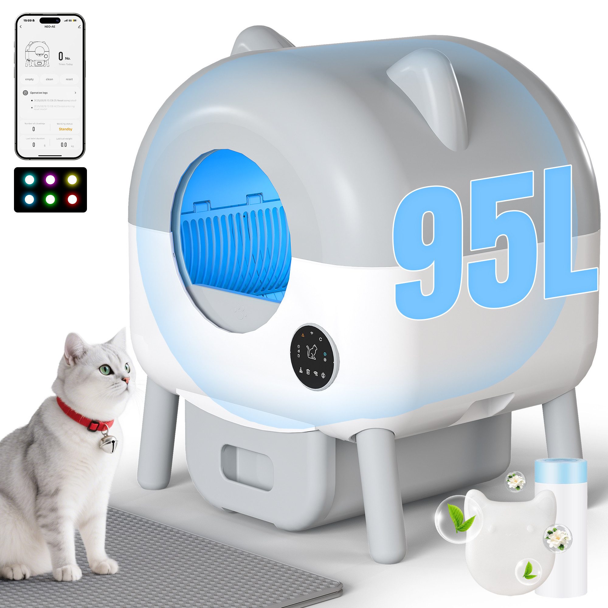 HOMALL Katzentoilette 95L+15L Katzenklo Selbstreinigend, Tastatursteuerung, Statusanzeige, App-Steuerung, Große Kapazität,Bedienpanel,Sandabweisplatte