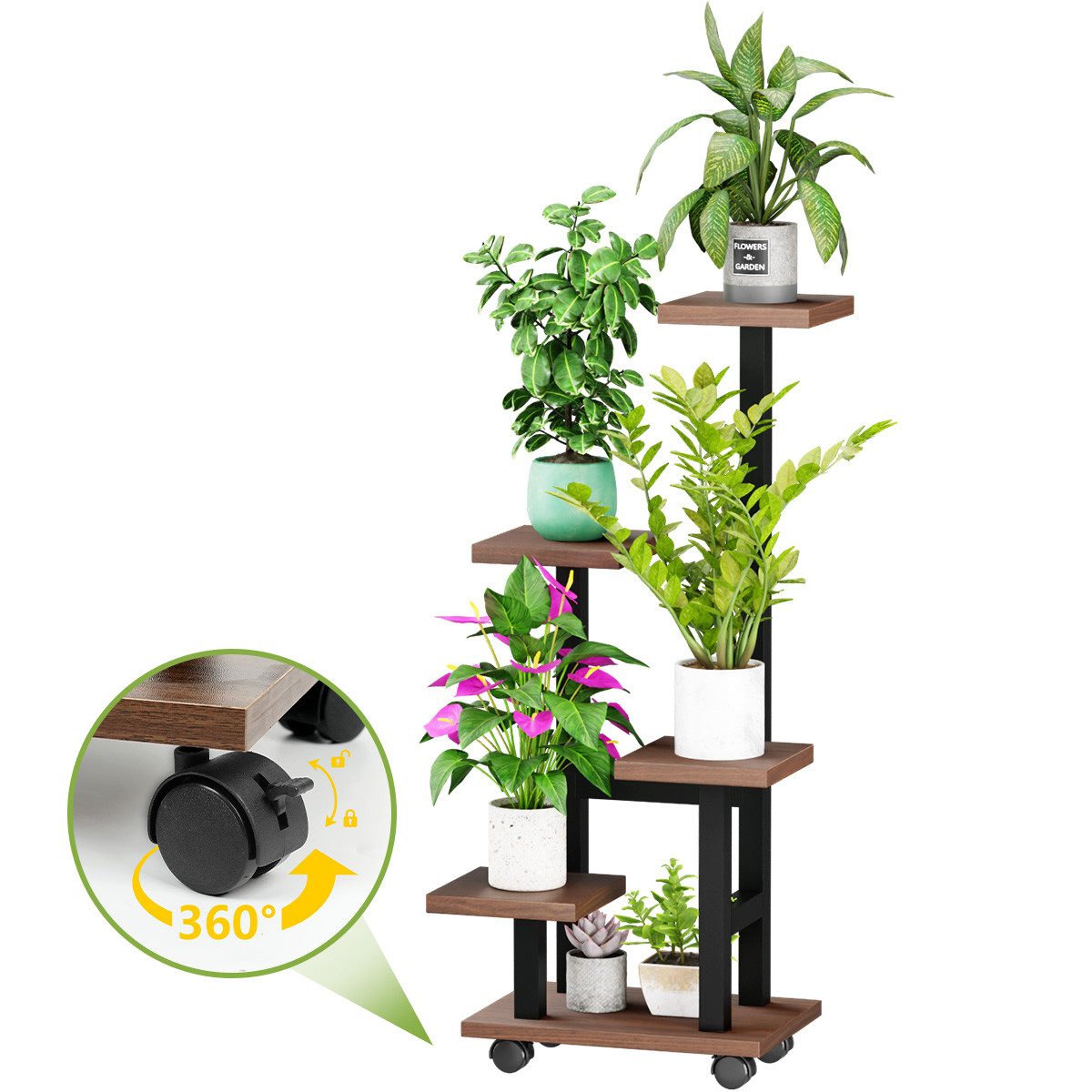 Simloveve Blumenständer Pflanzenständer aus Holz und Metall Pflanzentreppe Blumentreppe (blumenständer mit 4 Rollen), Outdoor Indoor Blumenregal für Wohnzimmer, Balkon und Büro
