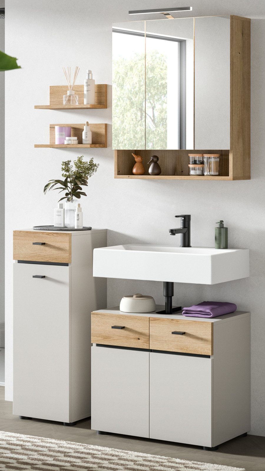 Inn.Furn Badmöbel-Set Matteo, (Kompaktes Badschrank-Set in Kaschmir / Sand mit Eiche, 5-teilig, 107 x 191 cm), mit viel Stauraum
