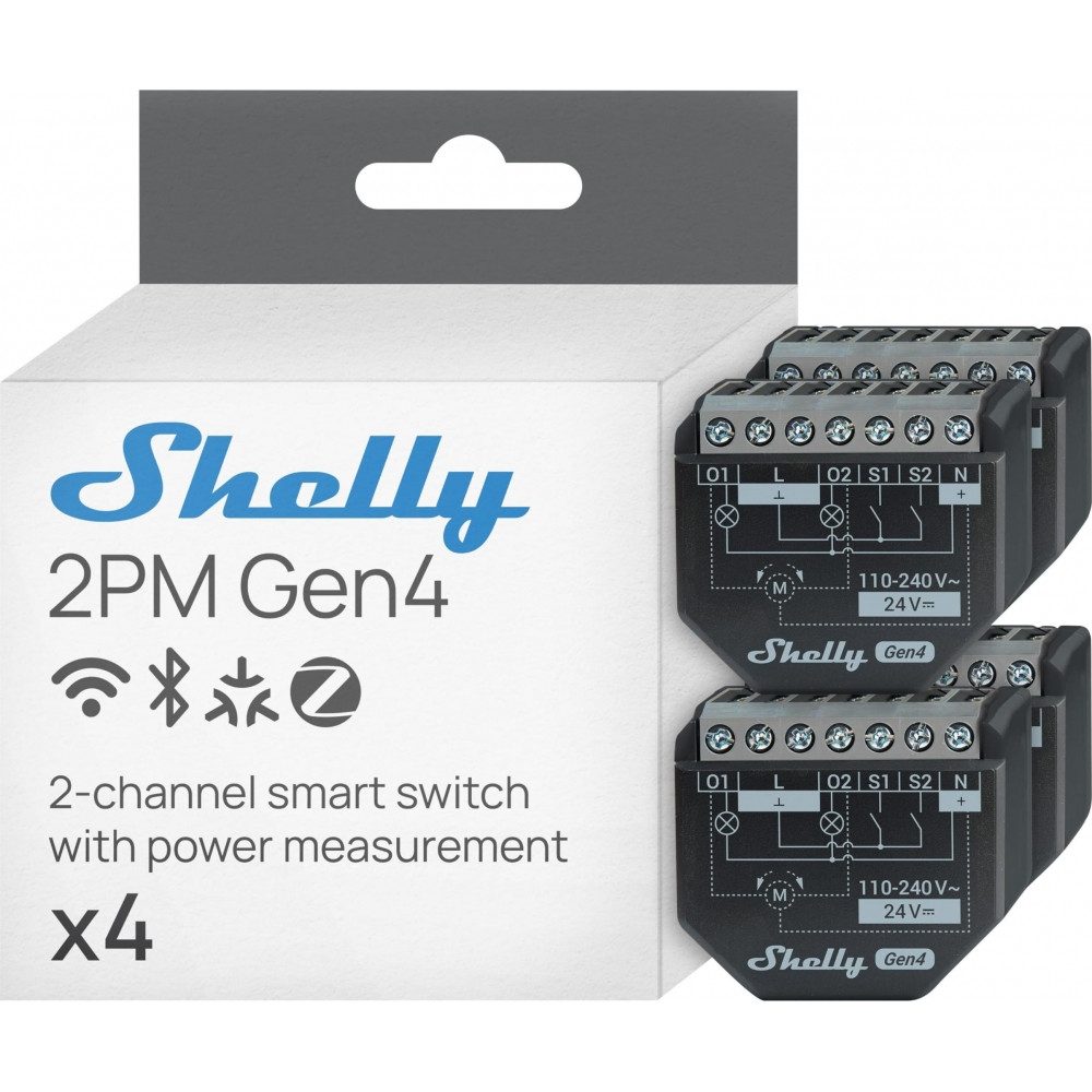 Shelly 2PM_Gen4 Smart-Schalter WLAN Bluetooth Zigbee 4er Pack Weiß Smart-Home-Station