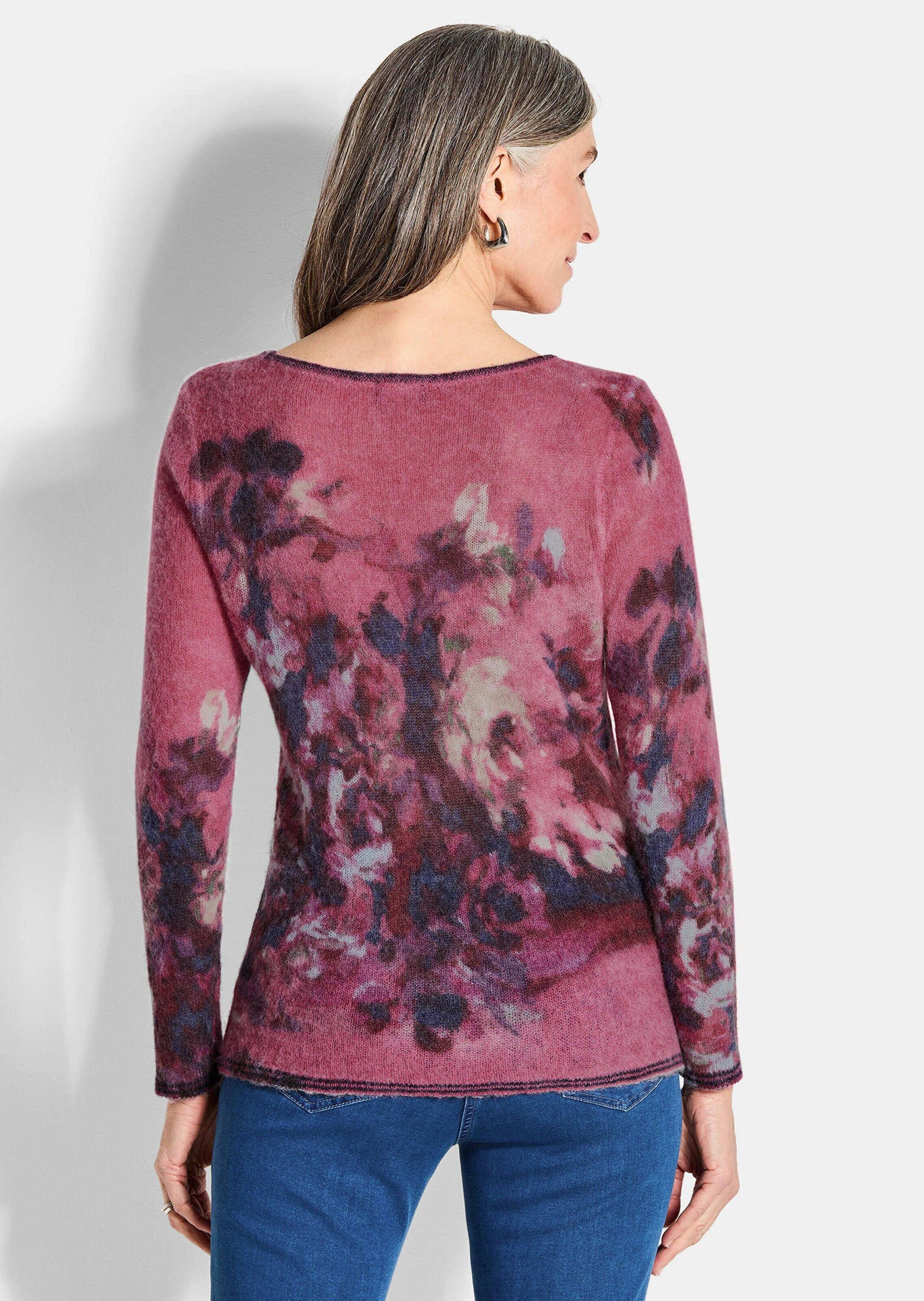 GOLDNER Strickpullover Wollpullover floral, U-Boot-Ausschnitt Strickpullover mit schmalen Säumen und langen Ärmeln