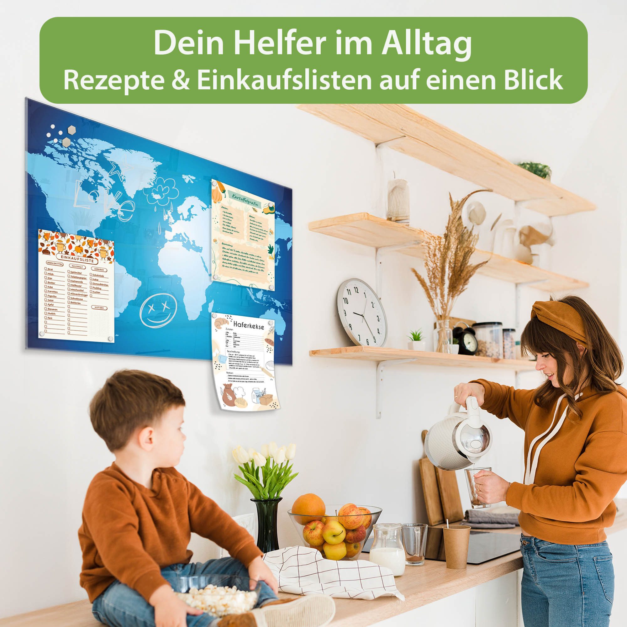 banjado Magnettafel aus Glas, mit Motiv Weltkarte, (gehärtetes Glas)