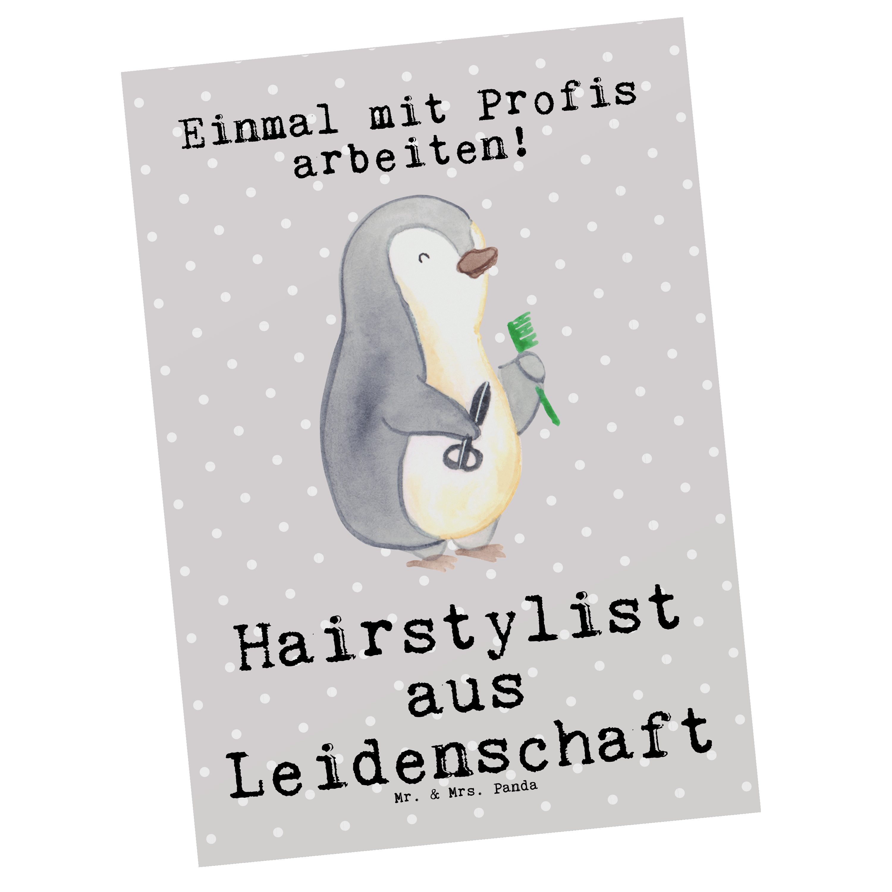 Mr. & Mrs. Panda Postkarte Hairstylist Leidenschaft - Grau Pastell - Geschenk, Haarstylist, Dank, Hochglänzend veredelt