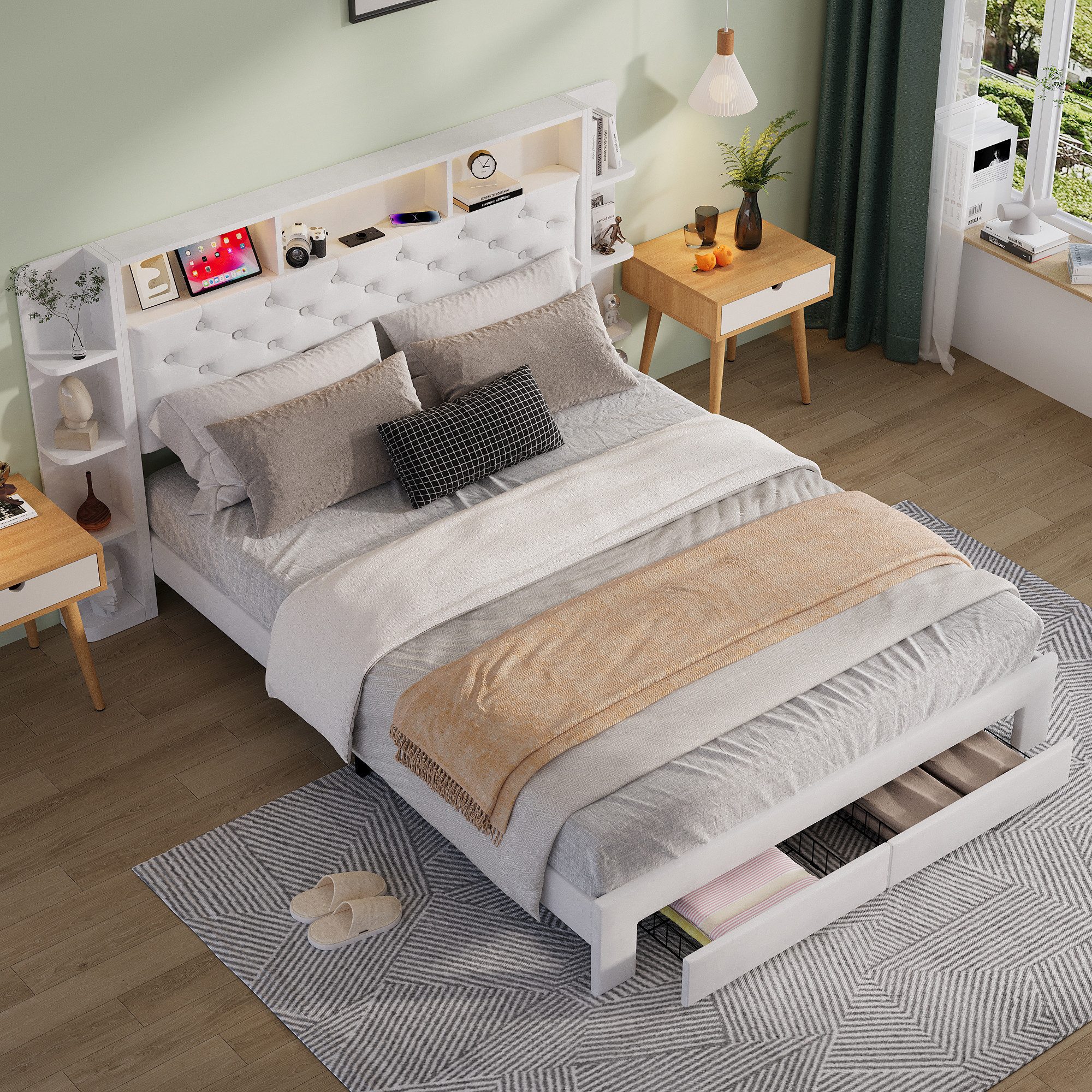 Furnishings Home Polsterbett Stauraumbett Doppelbett LED Samtstoff (Mit Nachttischen und Schubladen), Mit LED-Beleuchtung, Steckdose & USB & TYPE-C, 160x200 cm