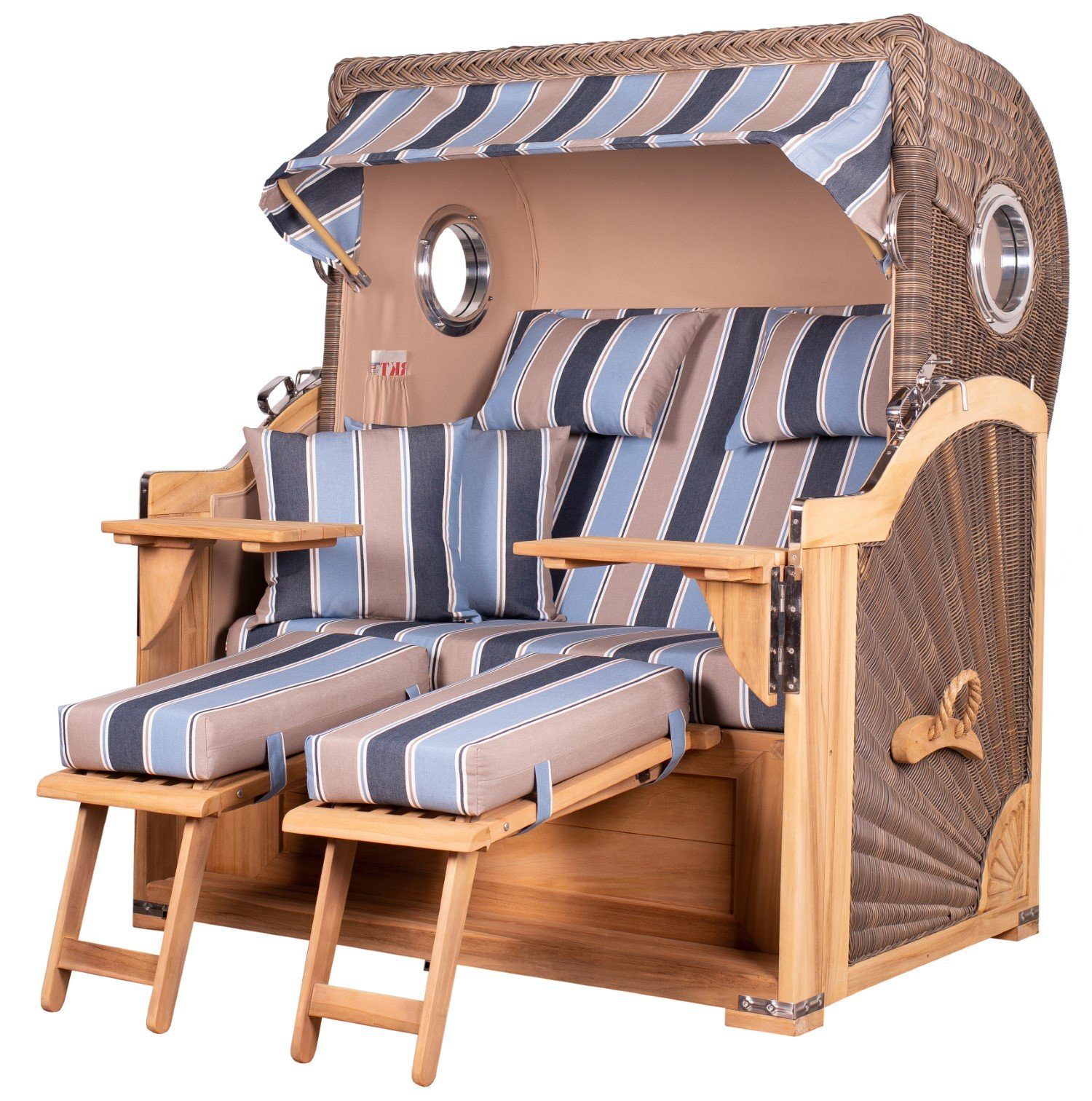 bene living Strandkorb Königssee 2,5-Sitzer Teak - PE grau - Modell 580, BxTxH: 142x95x170 cm, Volllieger ca. 175 Grad, Ostsee-Strandkorb Komplettset, inkl. Liftersystem und Bullaugen