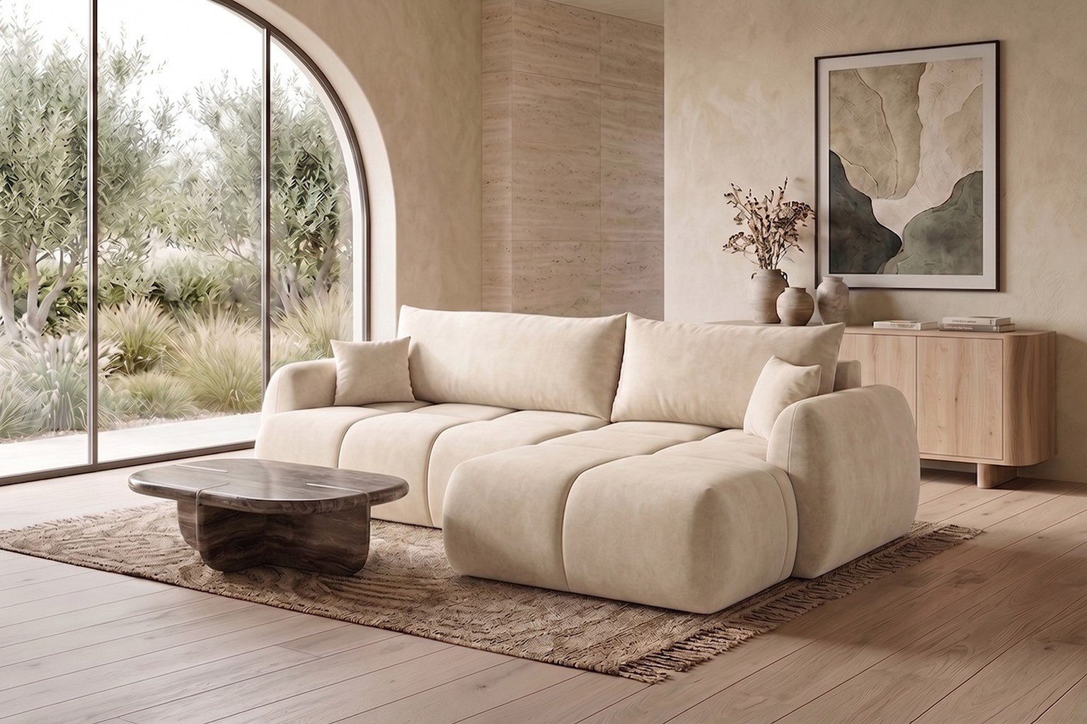 Kaiser Möbel Ecksofa mit Schlaffunktion, Bettkasten und Velvet-Stoff Bluvel COCO, Mit Schlaffunktion,Rückseite vollständig im Originalstoff bezogen