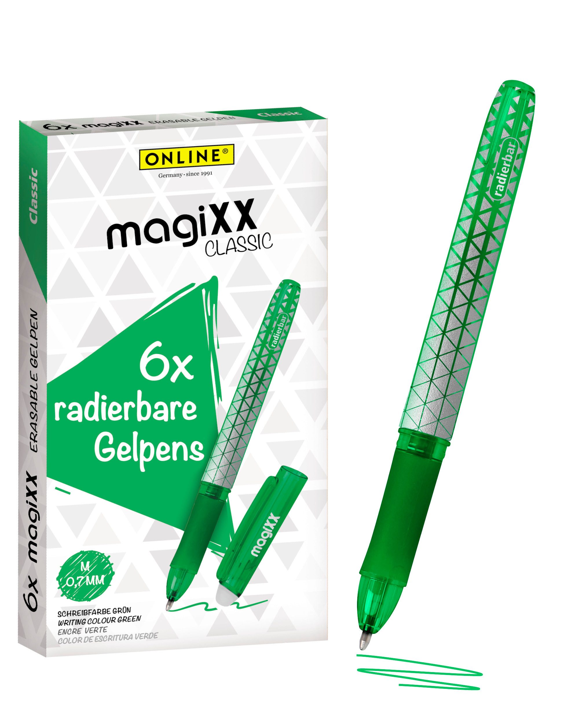 Online Pen Tintenroller magiXX Classic, (6x radierbare Gelschreiber grün, ergonomisches Griffstück), Gelpens für Schüler, Studenten, Büro