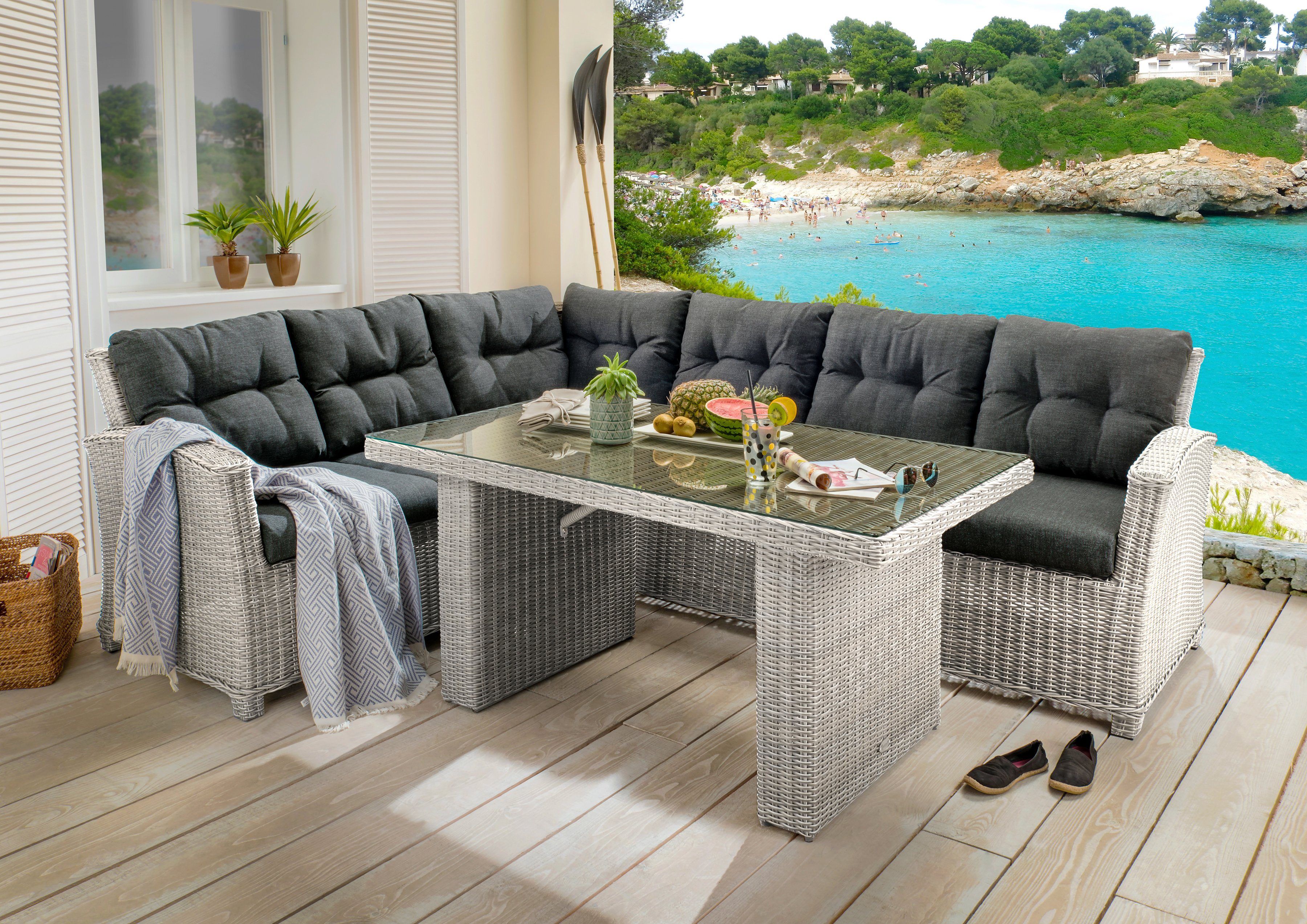 Tisch Destiny 1 Gartenlounge-Set 16-tlg), Polyrattan, cm, RIVIERA, Ecklounge, Auflagen (Set, 140x80x67 inkl.