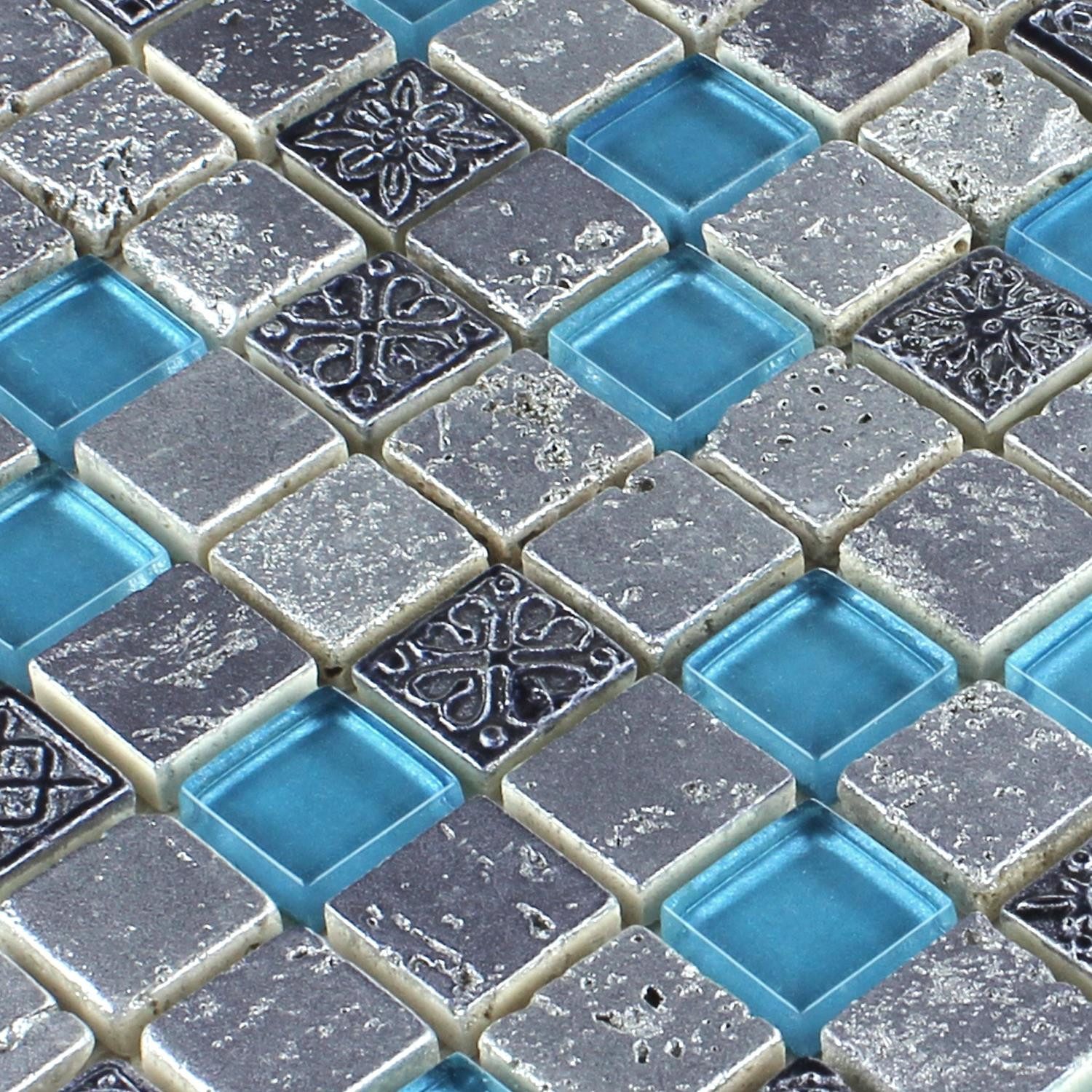 Mosafil Mosaikfliesen Glas Naturstein Mosaikfliesen Colicos, Naturstein-Resin-Glas 30.000x32.500, silber-blau, Verlegefertig auf ein Netz geklebt
