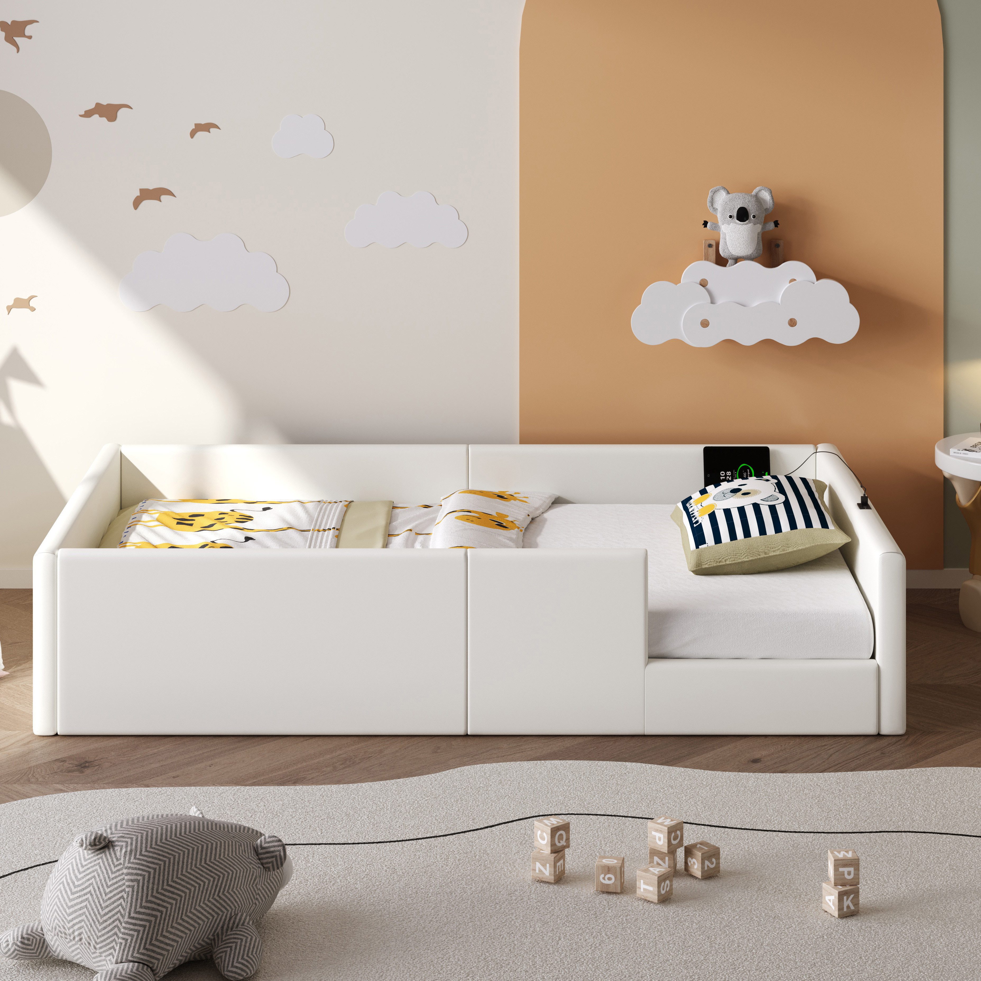 Merax Polsterbett gepolstertes Plattformbett Jugendbett mit USB & Typ-C (1-tlg), Kinderbett 90x200cm mit Schutzgeländer und Holzrahmen, Kunstleder