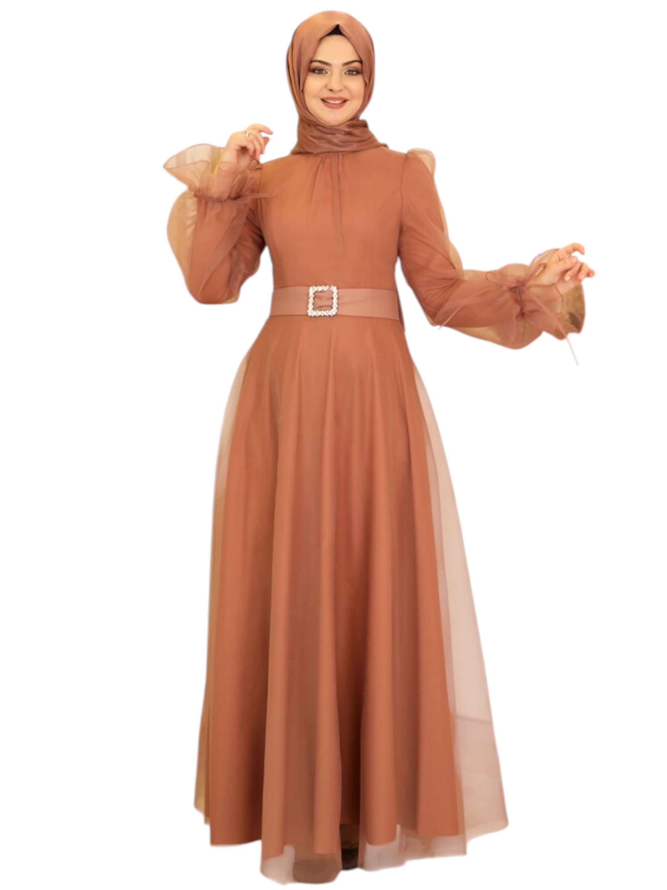 Modavitrini Abendkleid Damen Tüll Maxikleid Langarm – Festkleid mit Gürtel Modest Fashion Gürtel mit Schmucksteinen