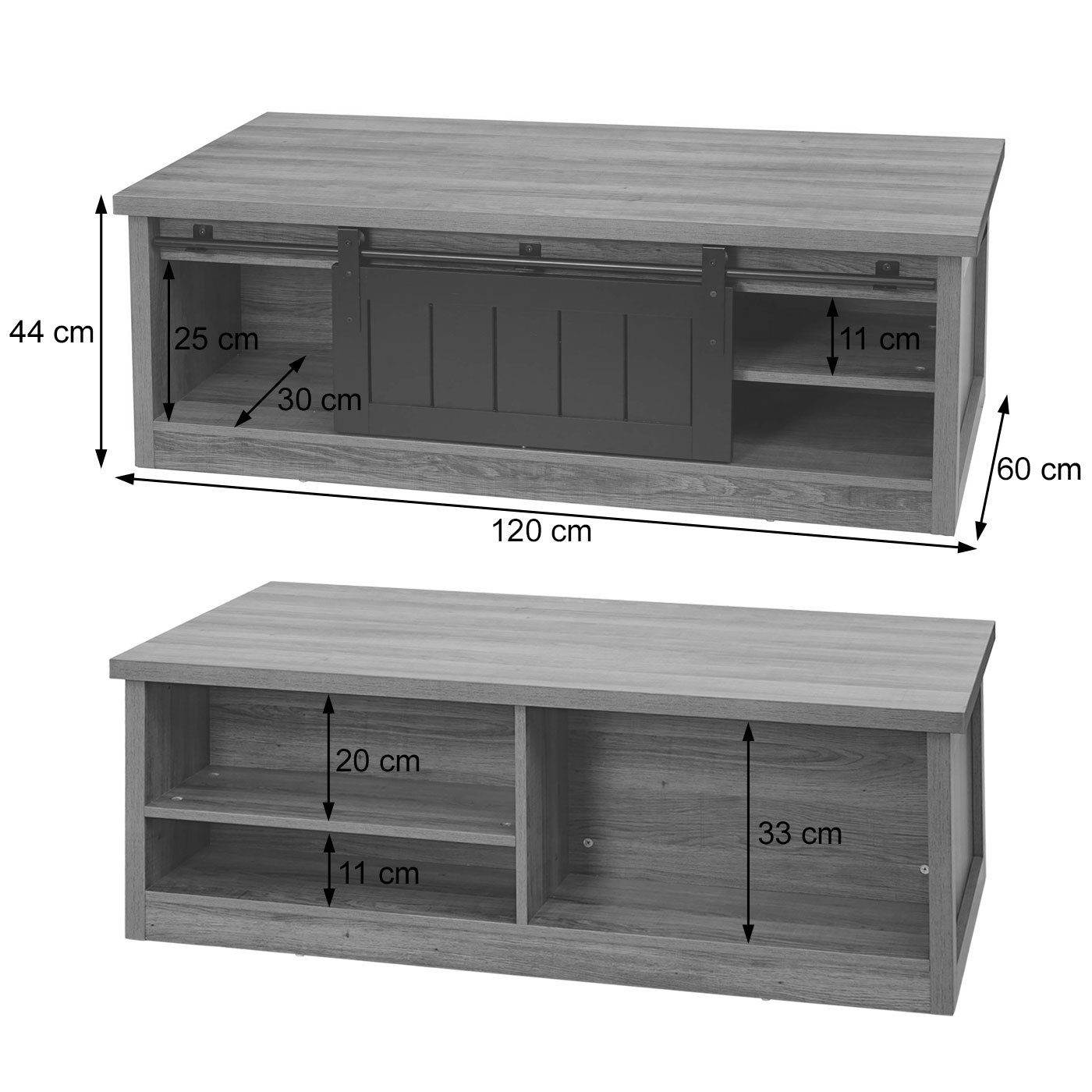 Mit Fächern MCW-K75-C, braun MCW Couchtisch Vorder- jeweils und Rückseite 3 an