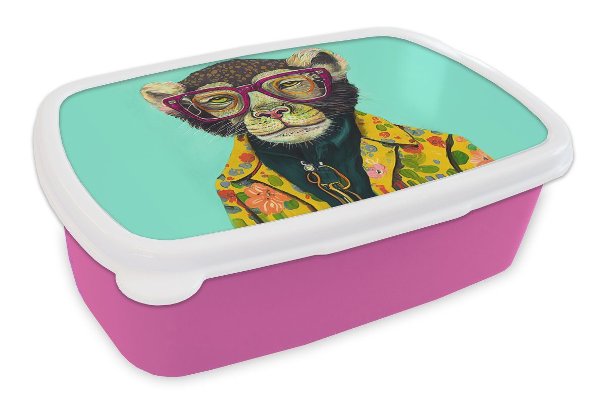 MuchoWow Lunchbox Design - Rosa - Brille - Affe - Tiere, Kunststoff, (2-tlg), Brotbox für Erwachsene, Brotdose Kinder, Snackbox, Mädchen, Kunststoff