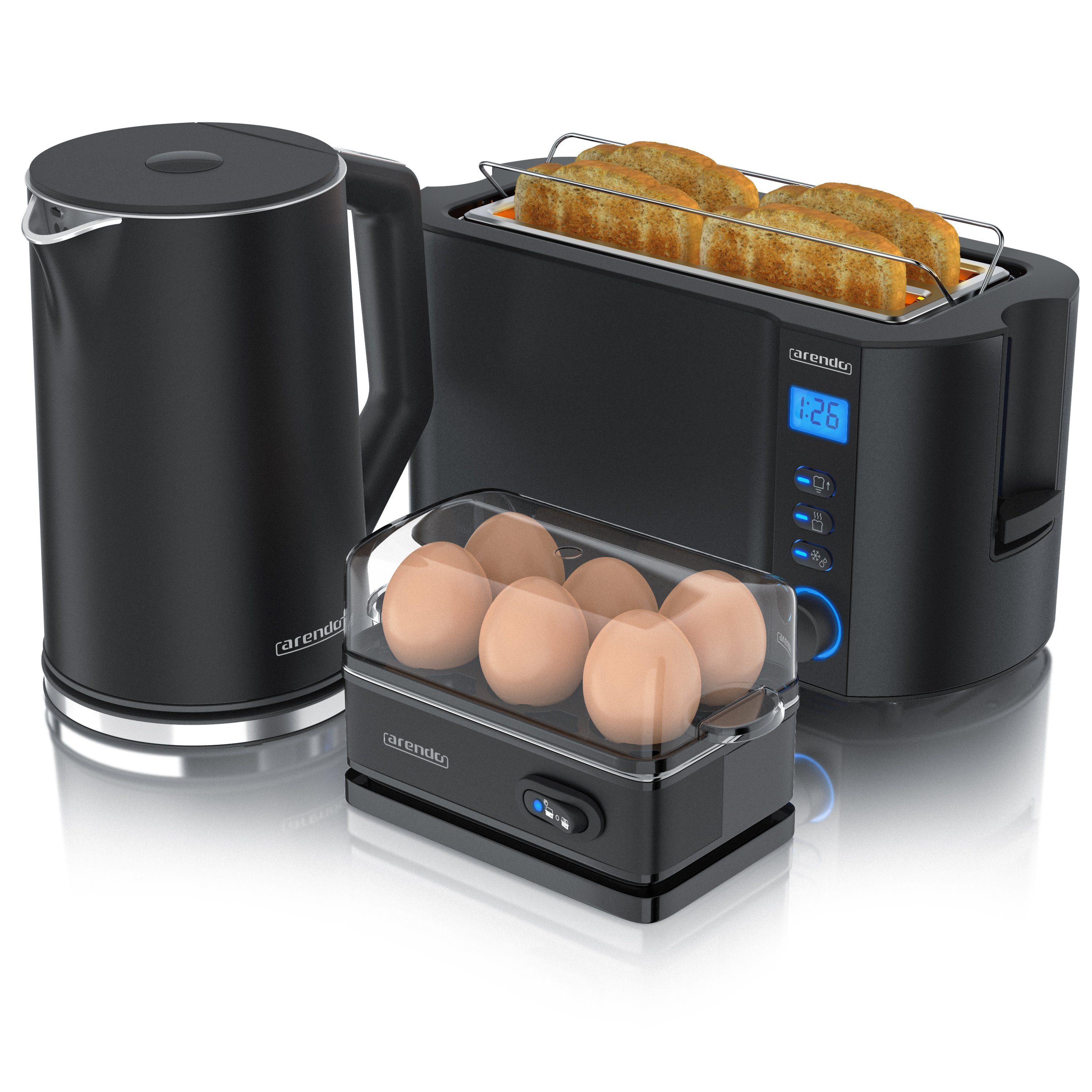 [Niedrigster Preis! Großer Rabatt!] Arendo Frühstücks-Set (3-tlg), Wasserkocher Toaster, Schwarz Eierkocher, 4-Scheiben 6er 1,5l