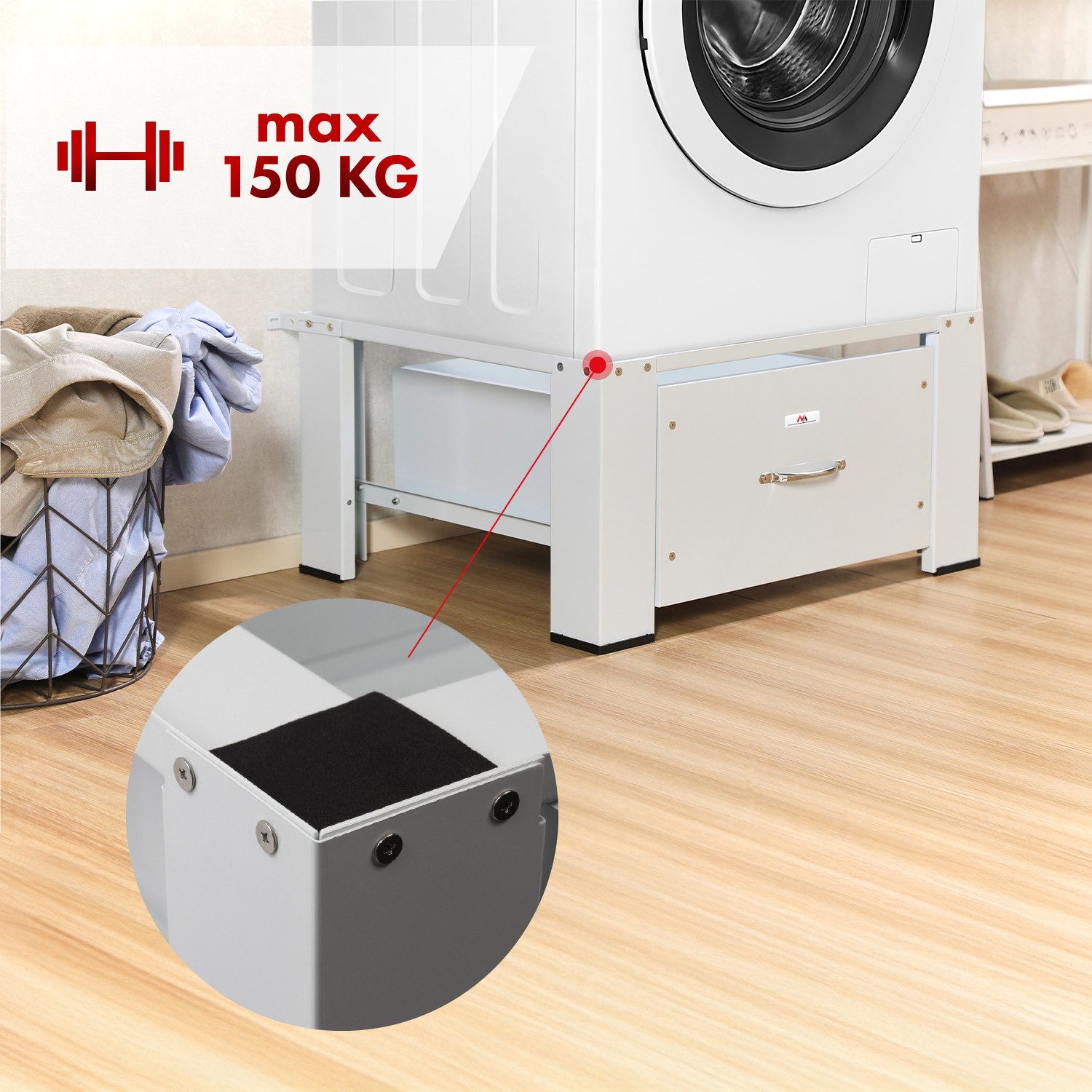 Maclean Waschmaschinenuntergestell MC-117 W Waschtrocknersockel mit Schublade, Sockel für Waschmaschine / Trockner max. Belastung 150kg – Bild 4 von 5