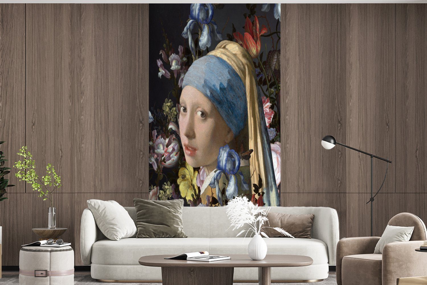 St), mit MuchoWow Blumen, bedruckt, - Perlenohrring dem - Mädchen für Das Johannes Küche, Matt, (2 Fototapete Schlafzimmer Wohnzimmer Vliestapete Vermeer Fototapete